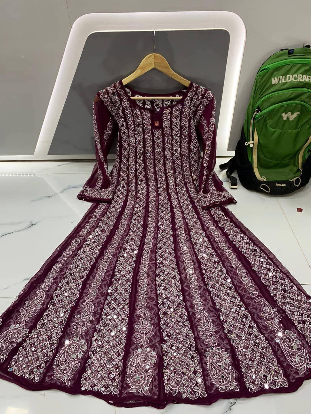 Georgette Fine Anarkali Frock with Lucknowi chikankari hand embroidery