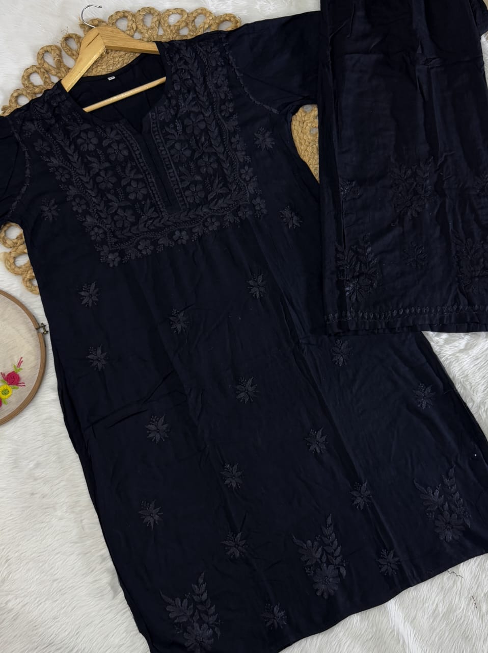 Premium Rayon kurti Plazo set with tone to tone Lucknowi Chikankari hand embroidery work*