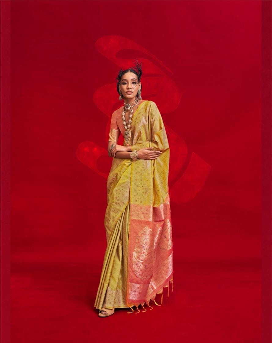 TUSSAR SILK - HANDLOOM WEAVING - CONTRAST IKKAT PALLU &amp; BLOUSE*