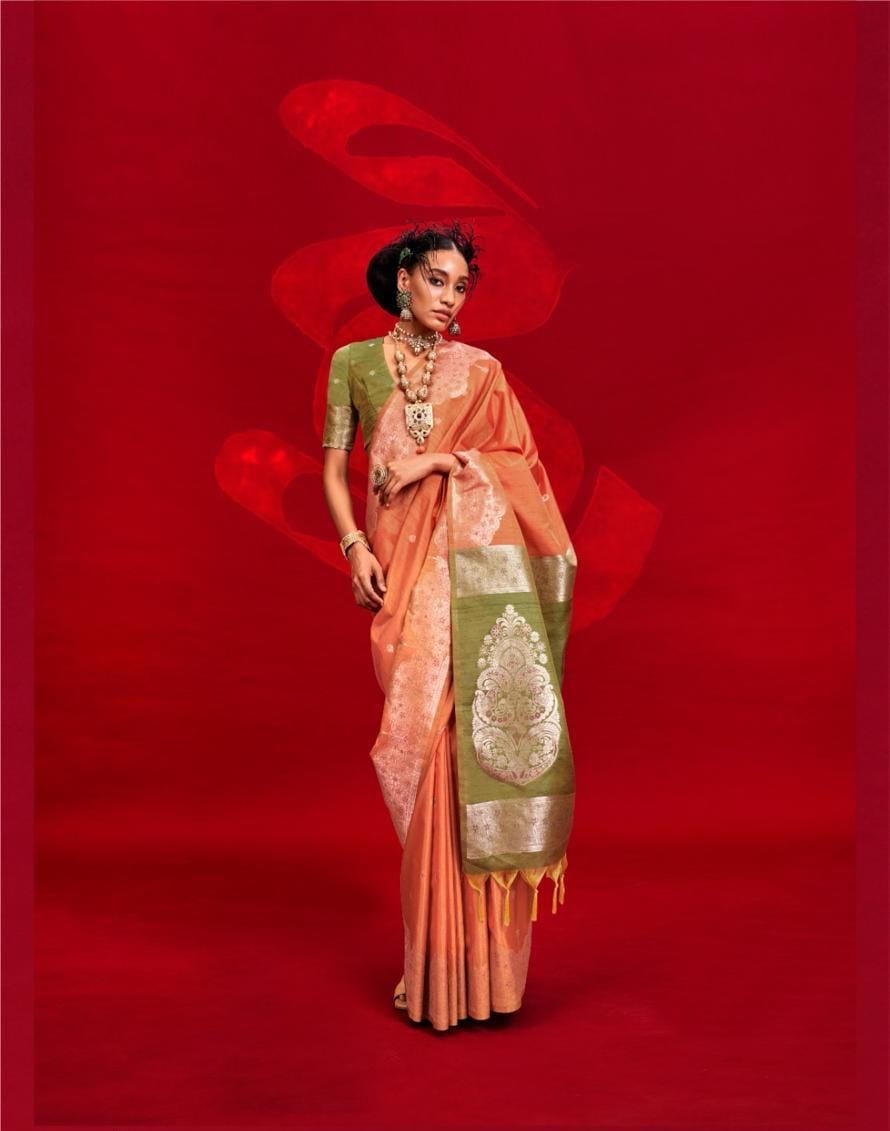 TUSSAR SILK - HANDLOOM WEAVING - CONTRAST IKKAT PALLU &amp; BLOUSE*