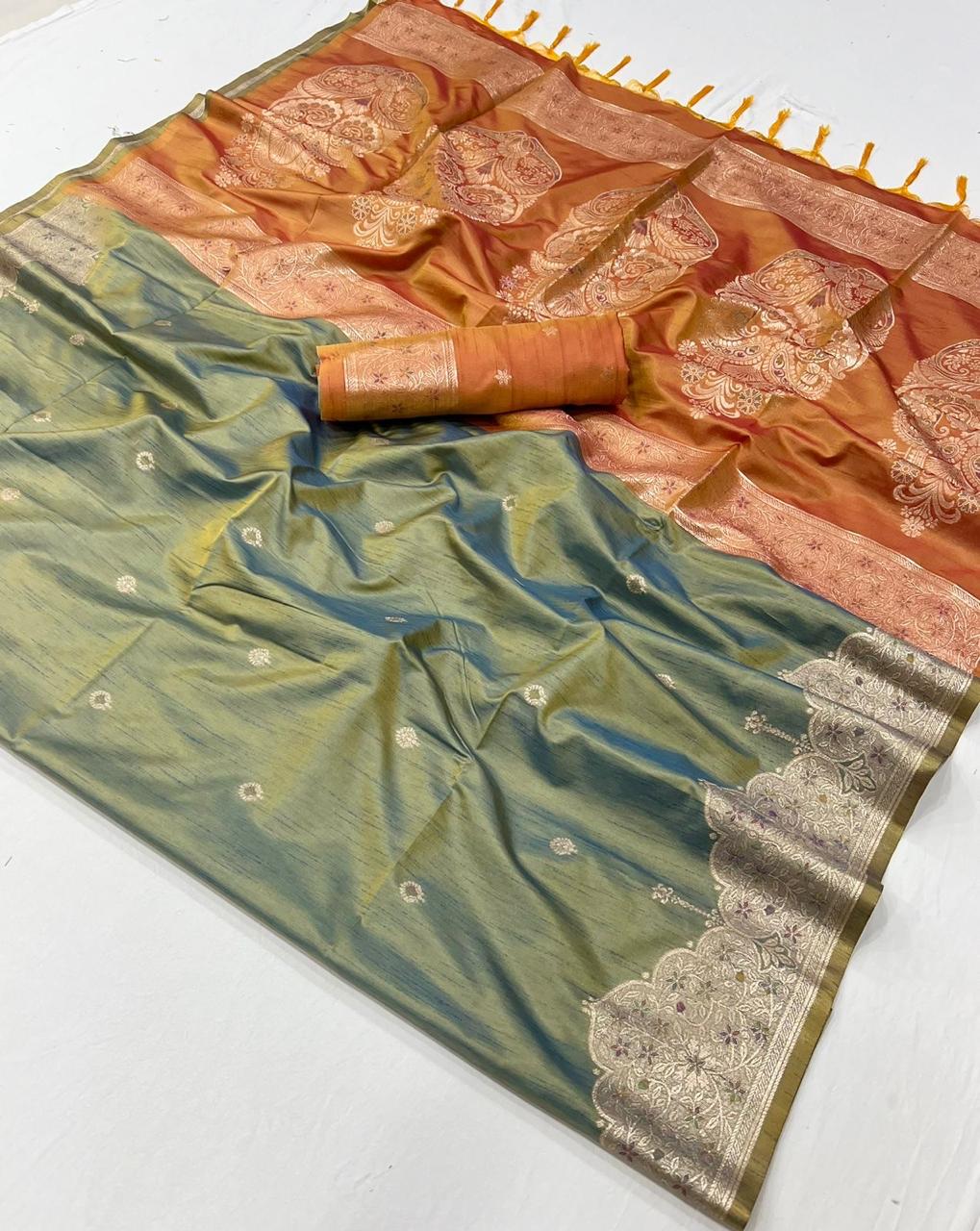 TUSSAR SILK - HANDLOOM WEAVING - CONTRAST IKKAT PALLU &amp; BLOUSE*