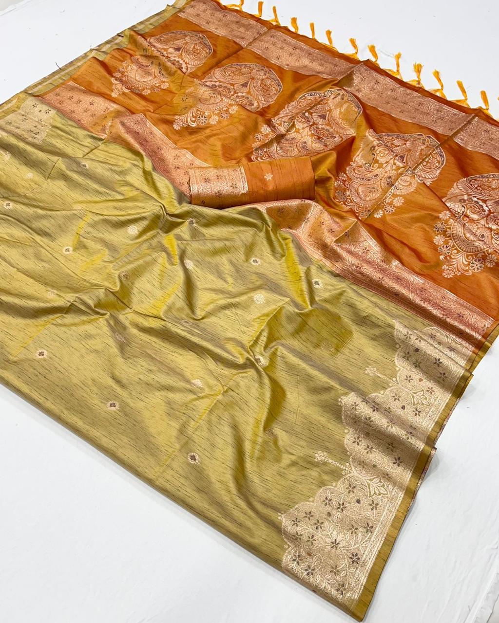 TUSSAR SILK - HANDLOOM WEAVING - CONTRAST IKKAT PALLU &amp; BLOUSE*