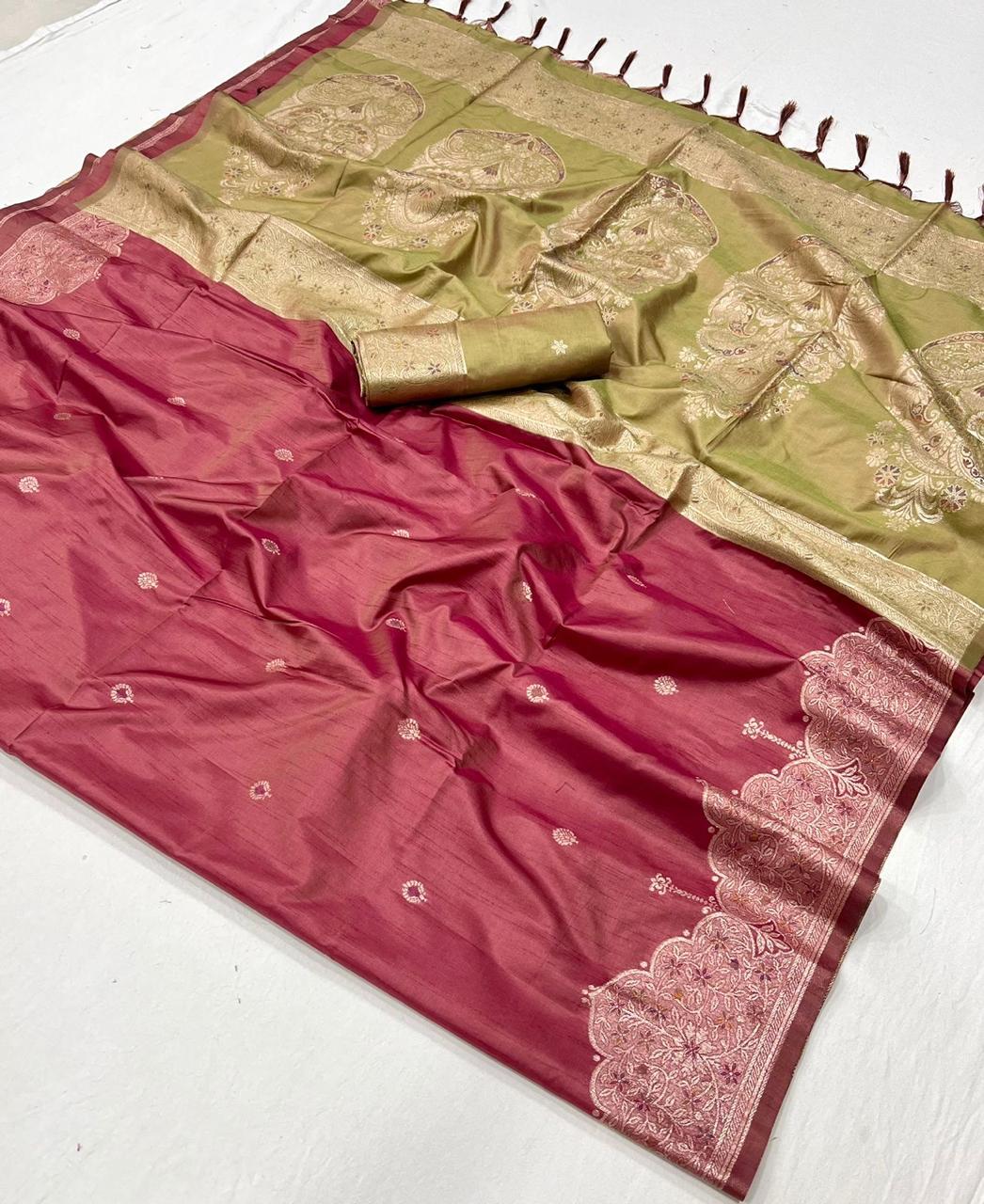 TUSSAR SILK - HANDLOOM WEAVING - CONTRAST IKKAT PALLU &amp; BLOUSE*