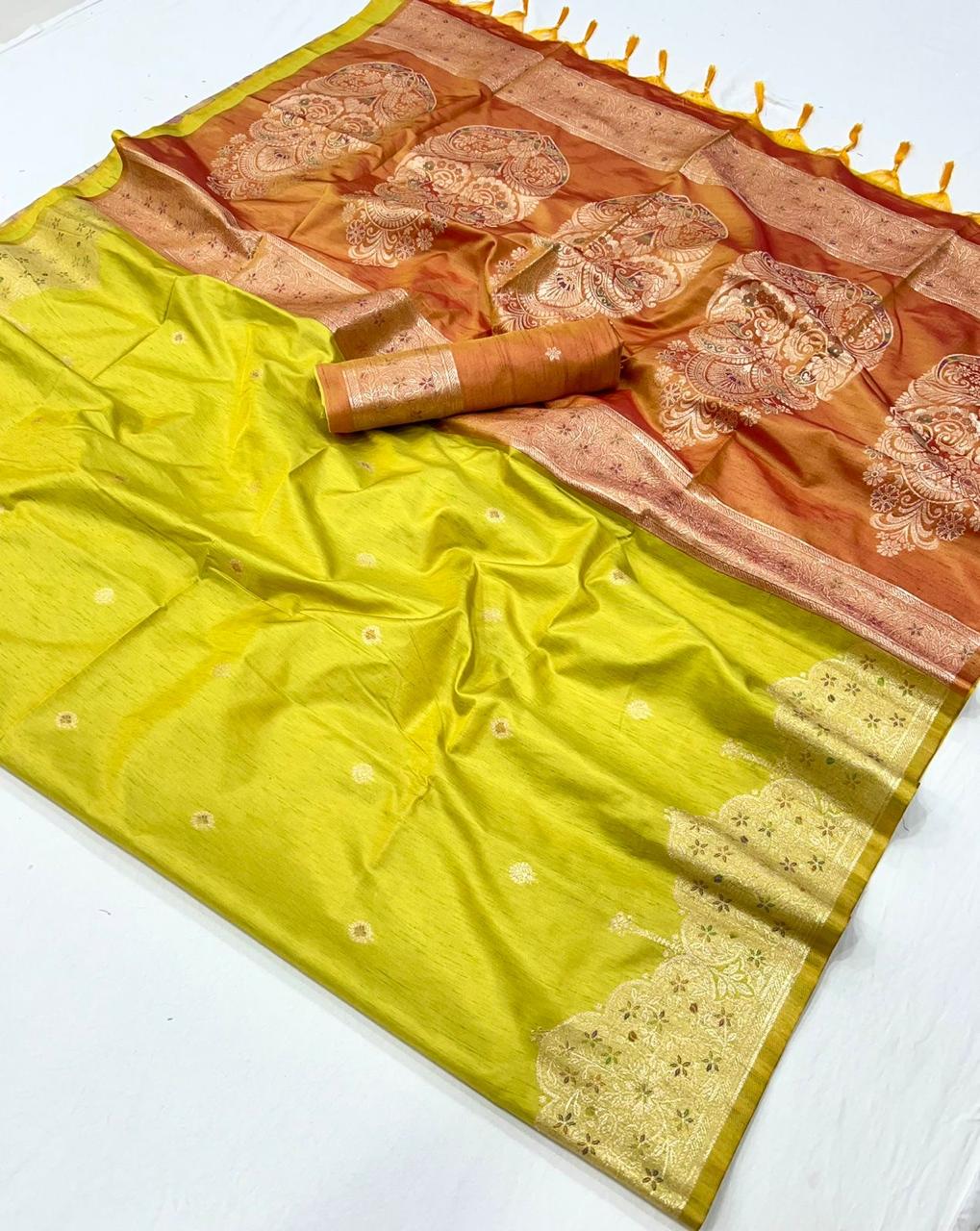 TUSSAR SILK - HANDLOOM WEAVING - CONTRAST IKKAT PALLU &amp; BLOUSE*