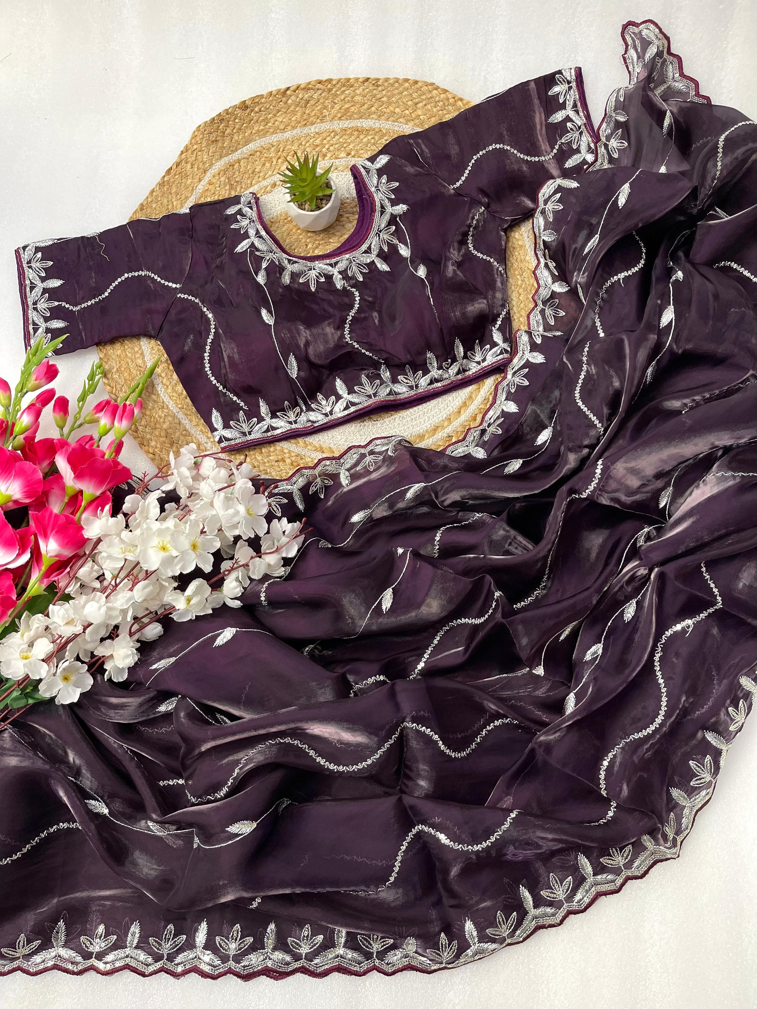 Pure soft zimmy choo silk saree with beautiful embroidery