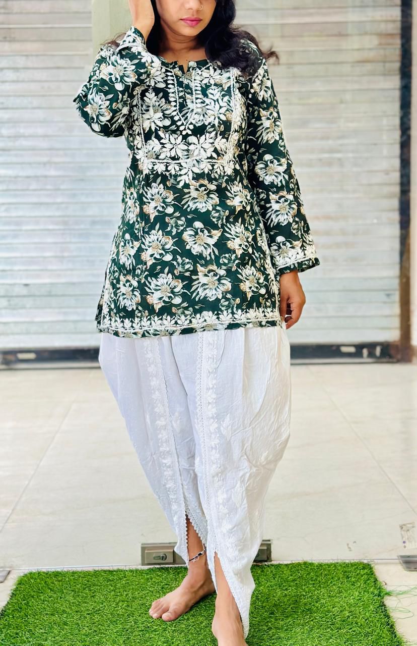 Mal Mal print Short top &amp; Dhoti set with Lucknowi Chikankari hand embroidery work*