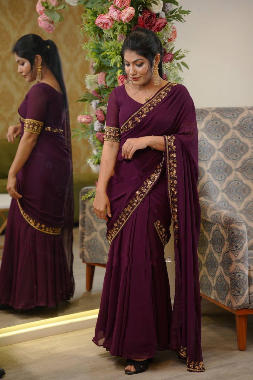 Super Hit Georgette Embroidery Gown Saree Design Launch*