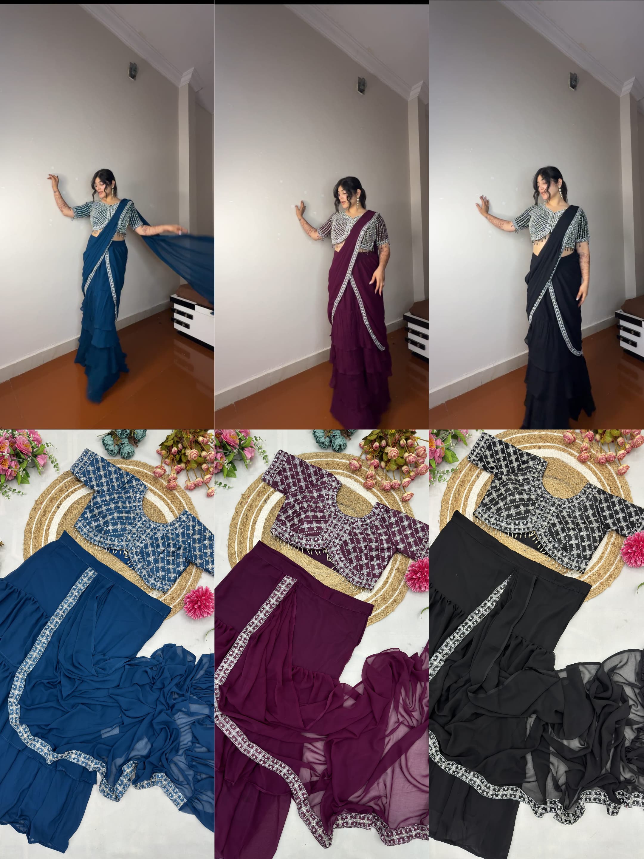 One More Super Hit Georgette Ruffle Ready To Wear Saree With Readymade Blouse Design Launch*