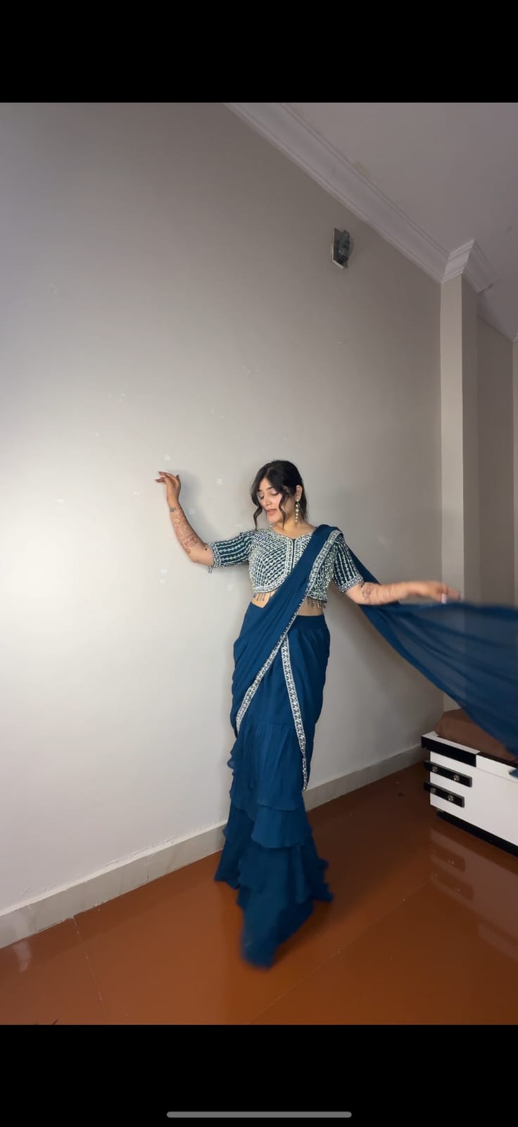 One More Super Hit Georgette Ruffle Ready To Wear Saree With Readymade Blouse Design Launch*