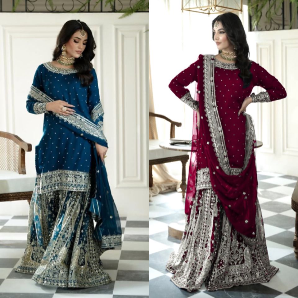 Presenting New Heavy Embroidery Sequence Work Top-Gharara And Dupatta Set Fully Stitched Ready To Wear Collection