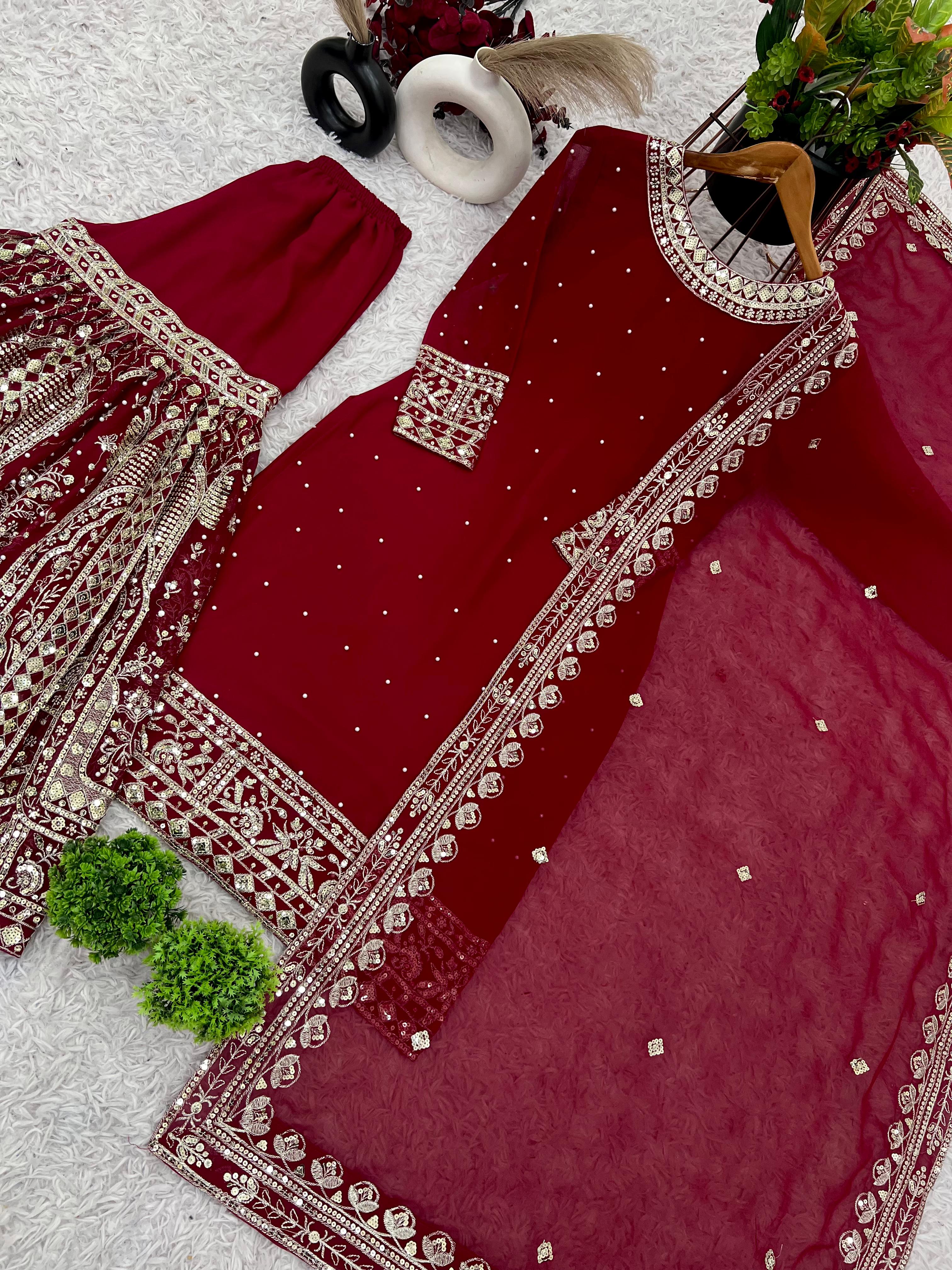 Presenting New Heavy Embroidery Sequence Work Top-Gharara And Dupatta Set Fully Stitched Ready To Wear Collection