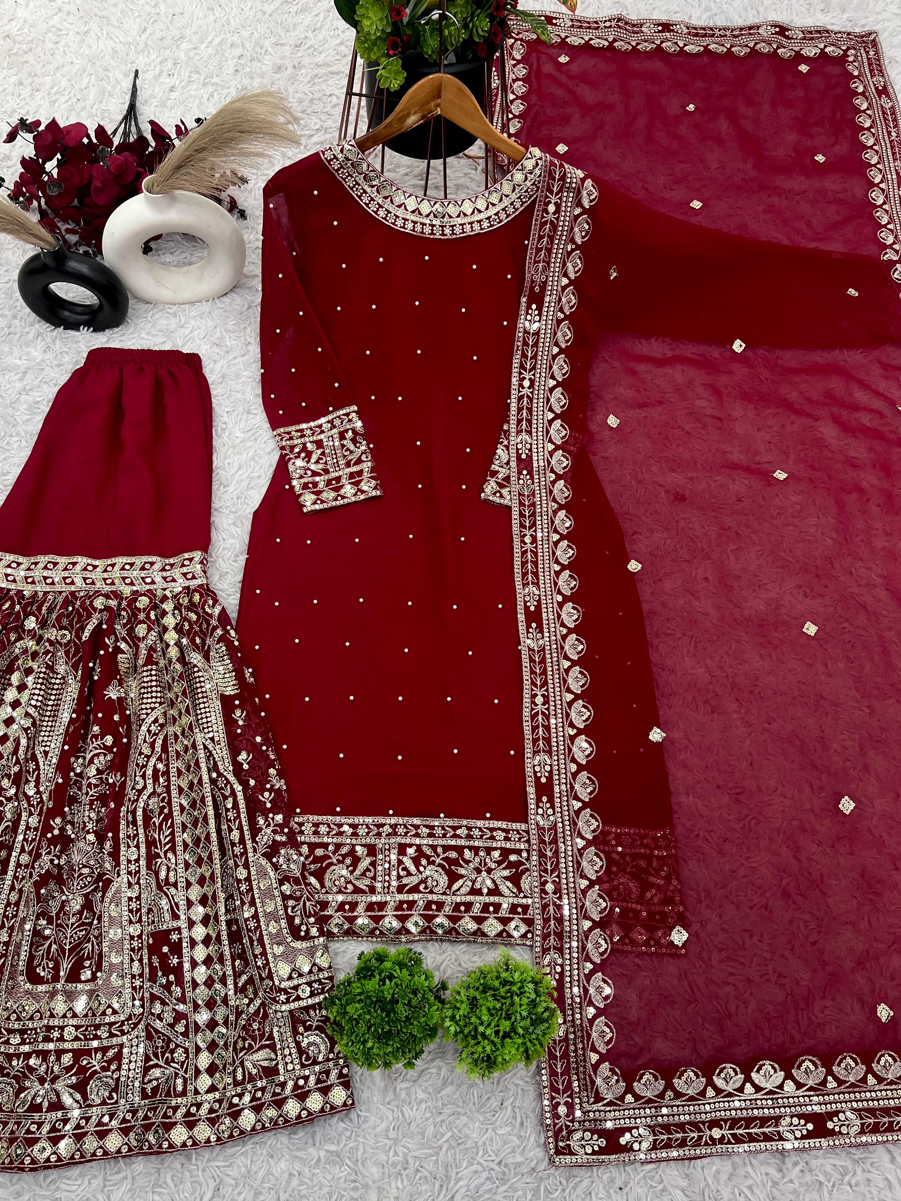 Presenting New Heavy Embroidery Sequence Work Top-Gharara And Dupatta Set Fully Stitched Ready To Wear Collection