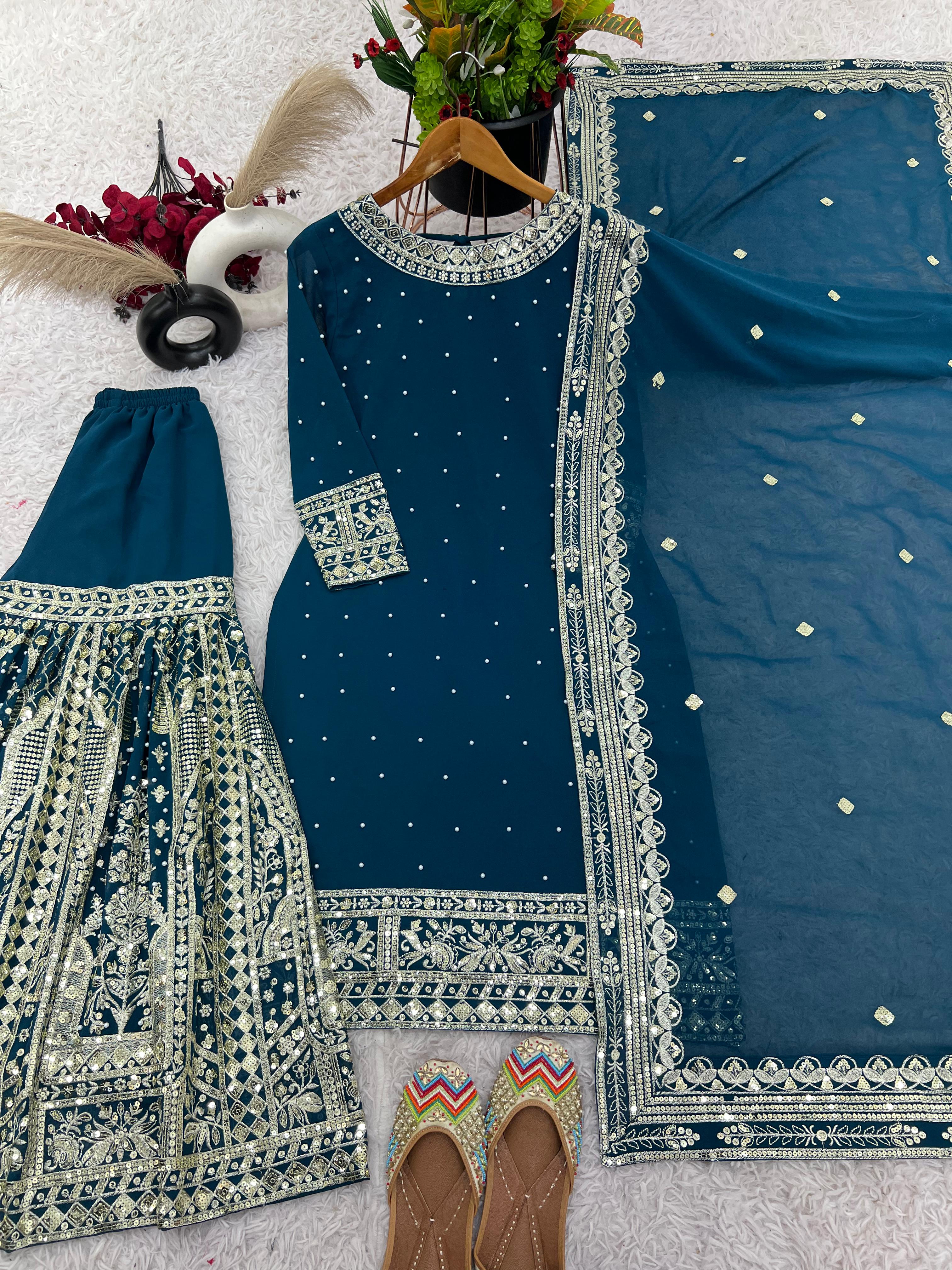 Presenting New Heavy Embroidery Sequence Work Top-Gharara And Dupatta Set Fully Stitched Ready To Wear Collection