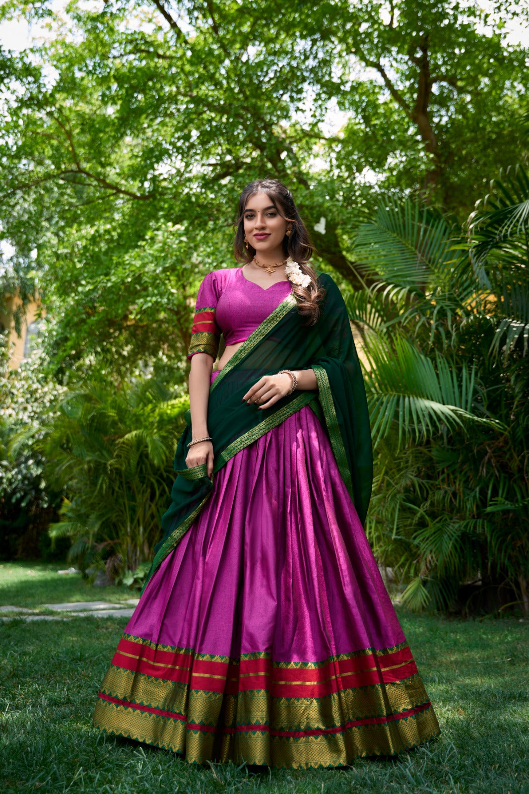 Immerse Yourself in Tradition with Our South Style Poly Cotton Half Saree, Paired with an Elegant Georgette Dupatta🍁