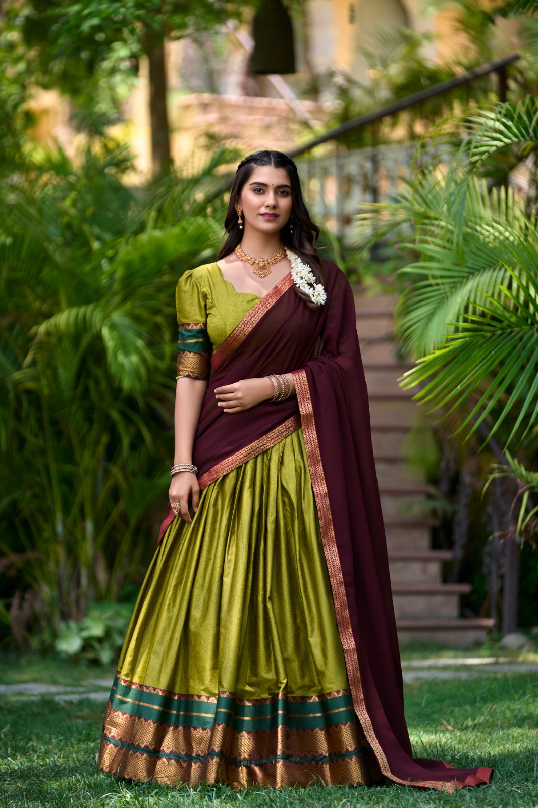 Immerse Yourself in Tradition with Our South Style Poly Cotton Half Saree, Paired with an Elegant Georgette Dupatta🍁