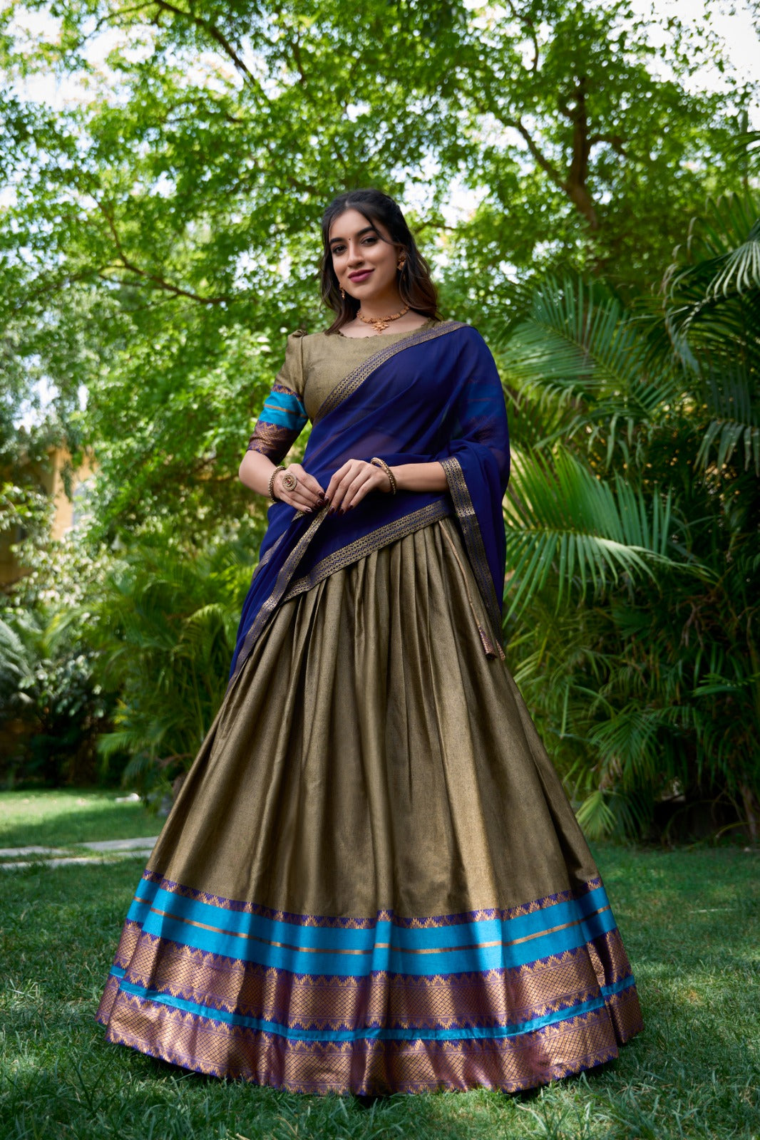 Immerse Yourself in Tradition with Our South Style Poly Cotton Half Saree, Paired with an Elegant Georgette Dupatta🍁