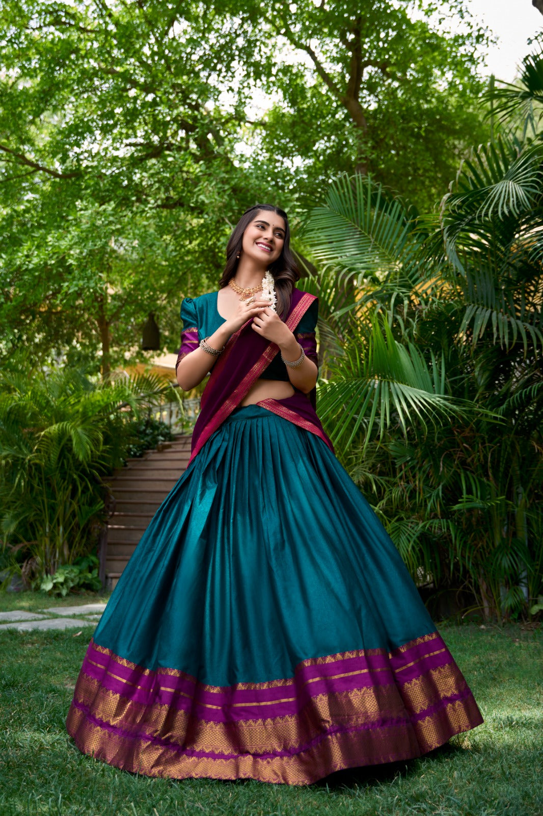 Immerse Yourself in Tradition with Our South Style Poly Cotton Half Saree, Paired with an Elegant Georgette Dupatta🍁