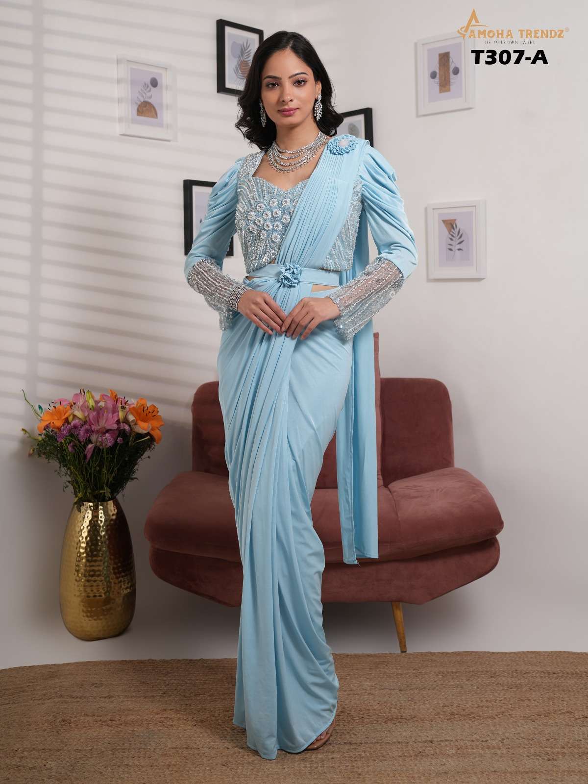 Heavy Embroidery Work Imported Lycra Fabric Fancy  Ready To Wear Saree .