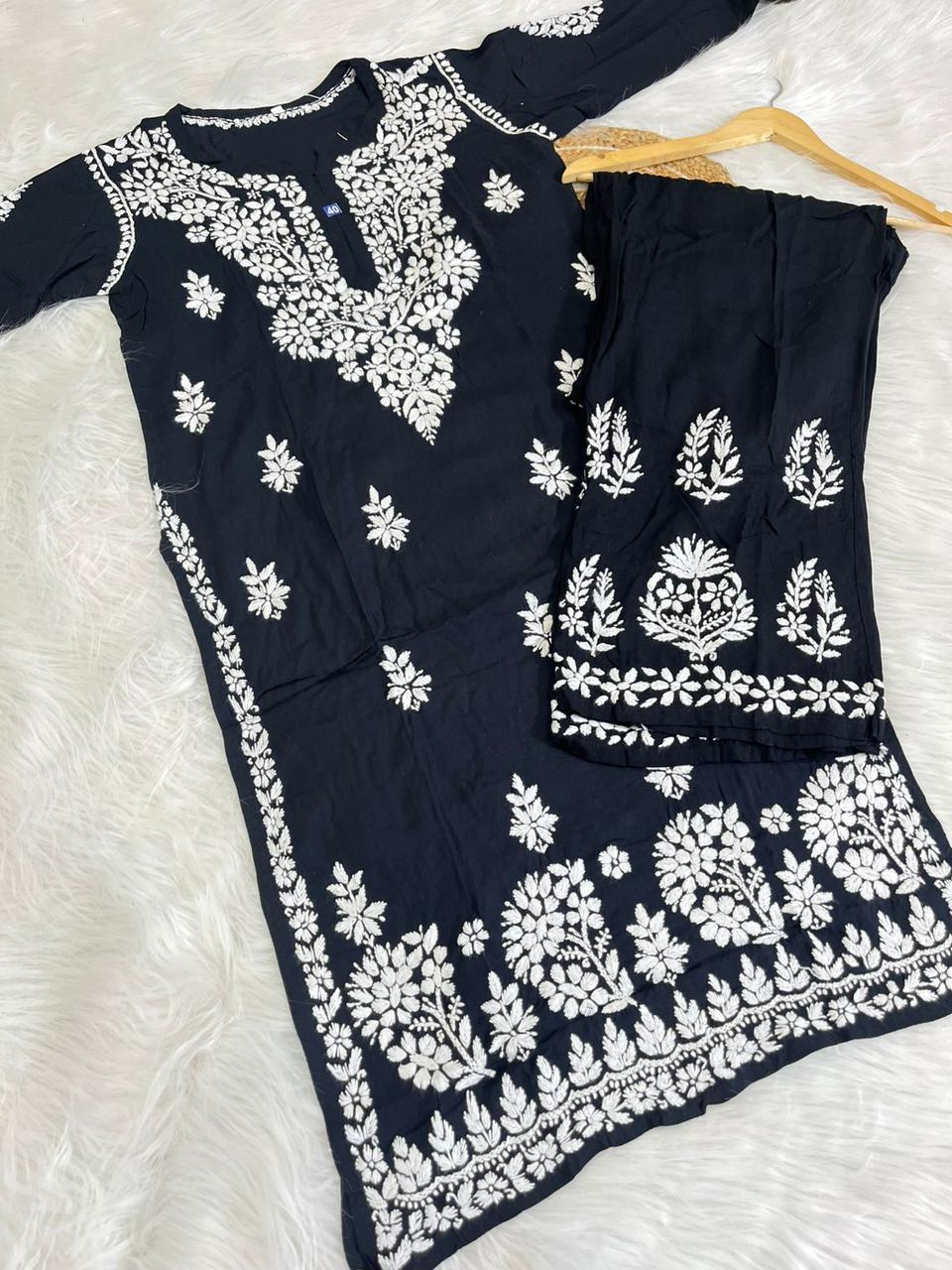 Premium Quality Modal kurti Plazo set with Lucknowi Chikankari hand embroidery work*