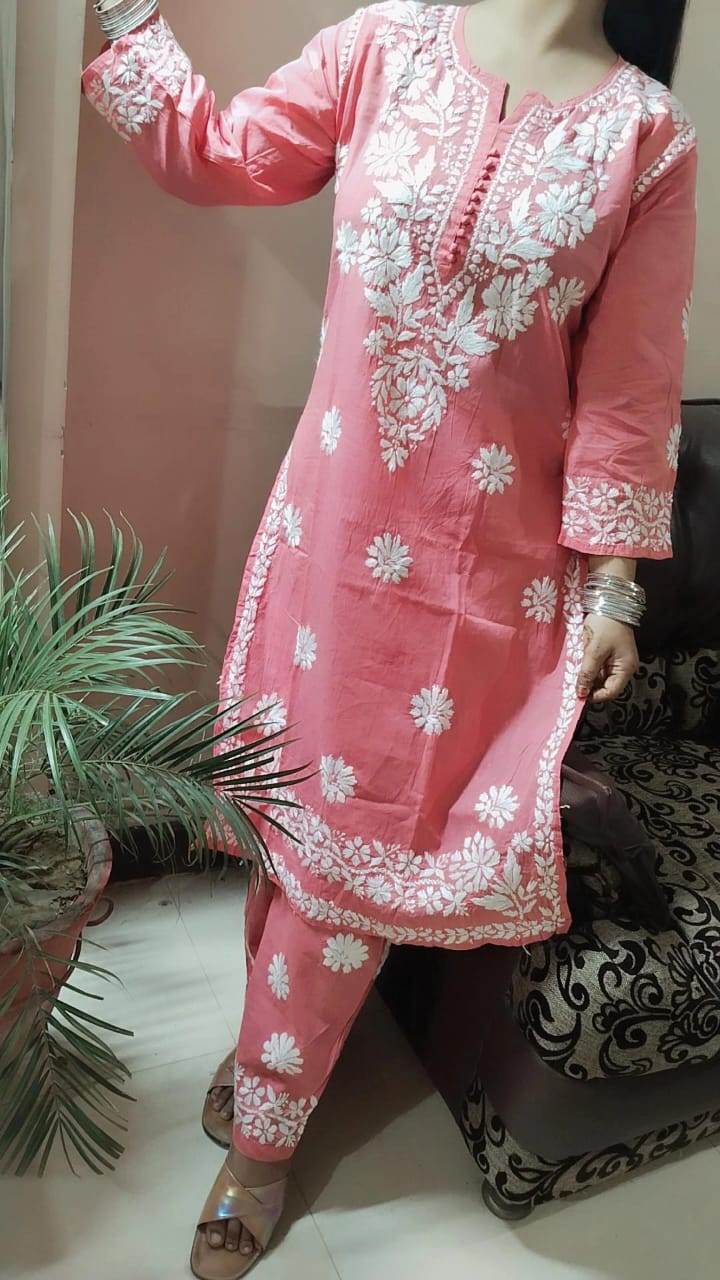 Exclusive Dobby Cotton kurti Plazo set with Lucknowi Chikankari hand embroidery work*