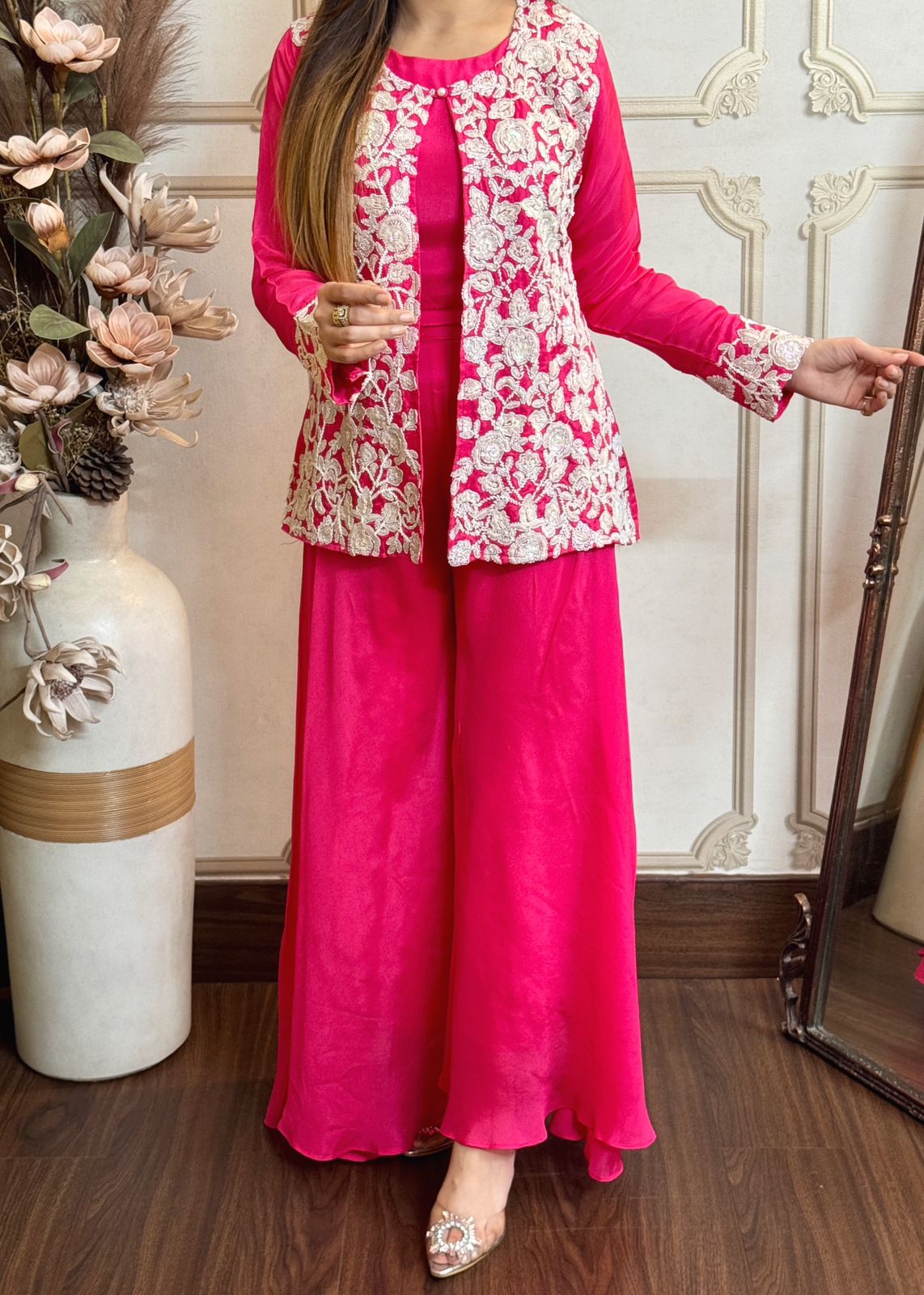 Pure Chinnon Silk Heavy Hand Moti Embroidery Work Jacket With Plazo Pant And Top&nbsp;