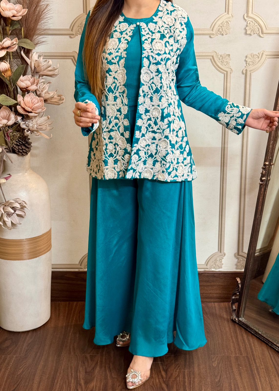 Pure Chinnon Silk Heavy Hand Moti Embroidery Work Jacket With Plazo Pant And Top&nbsp;