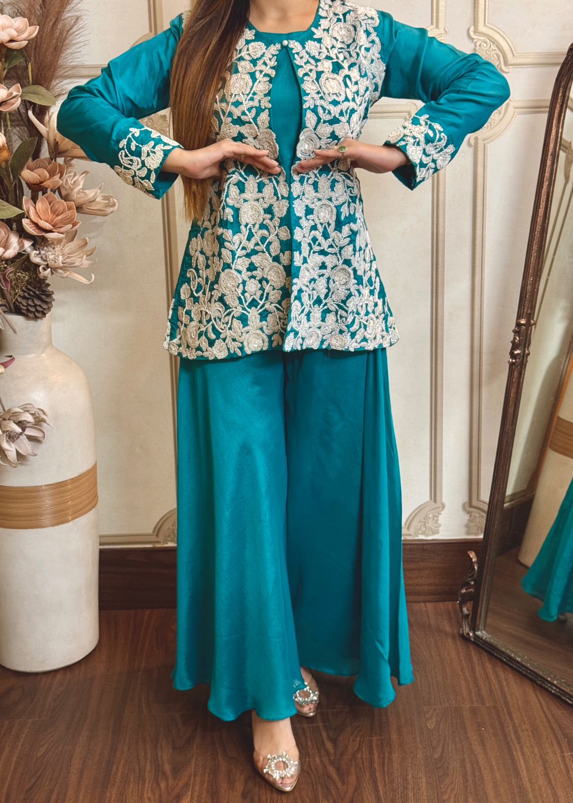 Pure Chinnon Silk Heavy Hand Moti Embroidery Work Jacket With Plazo Pant And Top&nbsp;