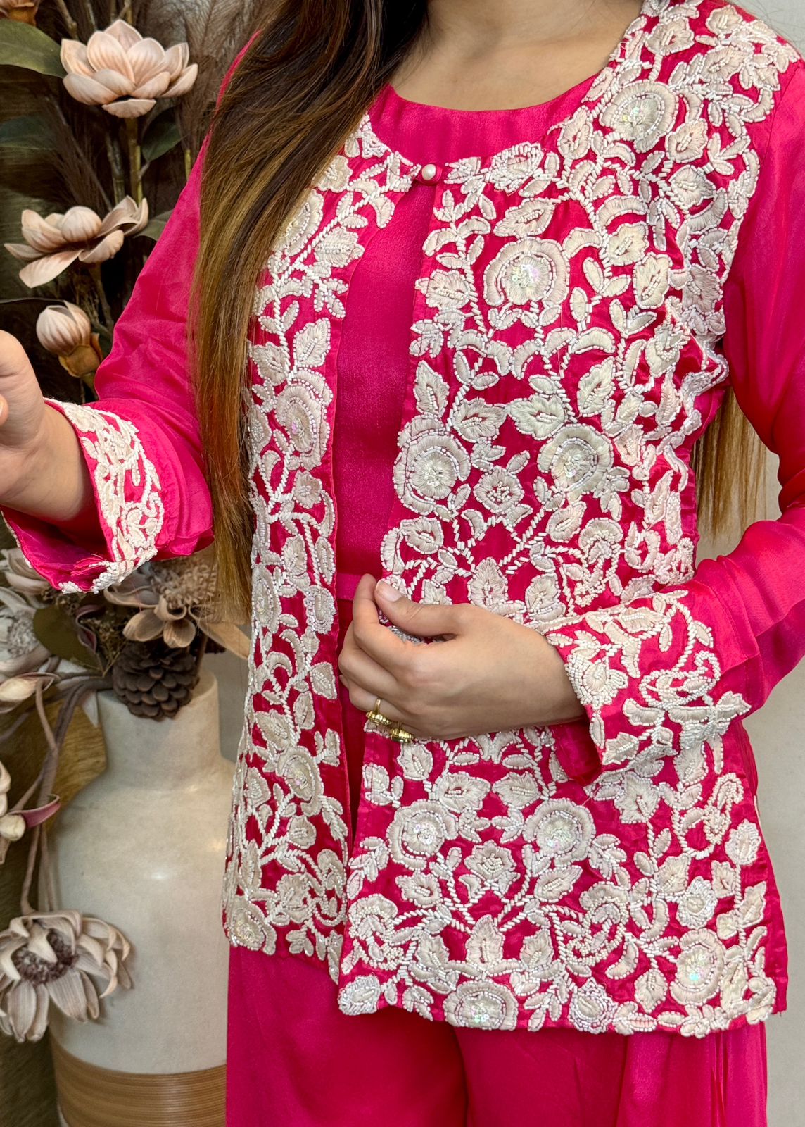 Pure Chinnon Silk Heavy Hand Moti Embroidery Work Jacket With Plazo Pant And Top&nbsp;