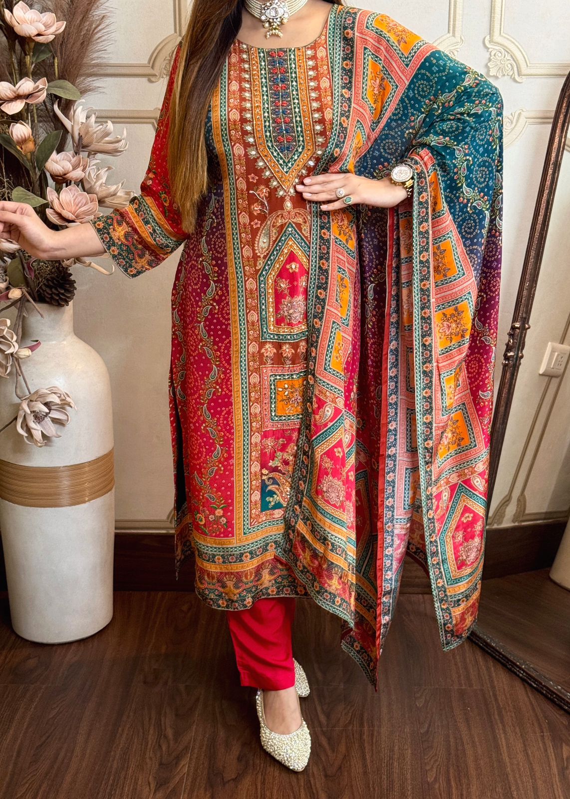 Pure Crape Silk Printed Allover Hand Work Kurti Pant Dupatta&nbsp;