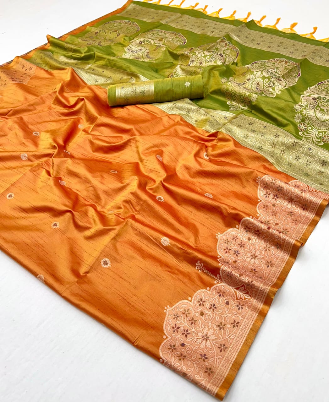 TUSSAR SILK - HANDLOOM WEAVING - CONTRAST IKKAT PALLU &amp; BLOUSE*