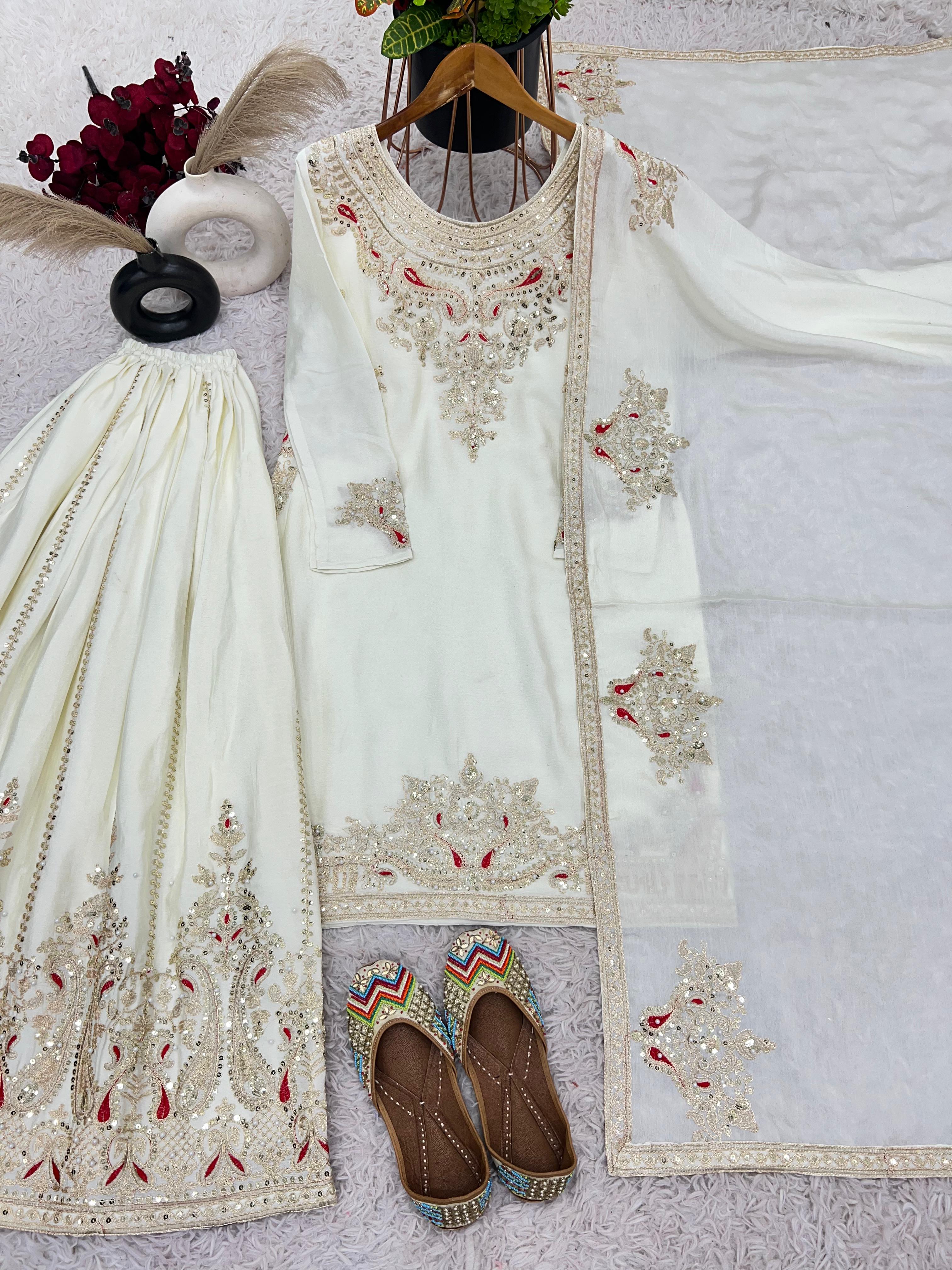 New Designer Collection In Pure Chinnon With Heavy Embroidery Coding Dori-Sequence Work Top-Bottom And Dupatta Set Fully Stitched Ready To Wear