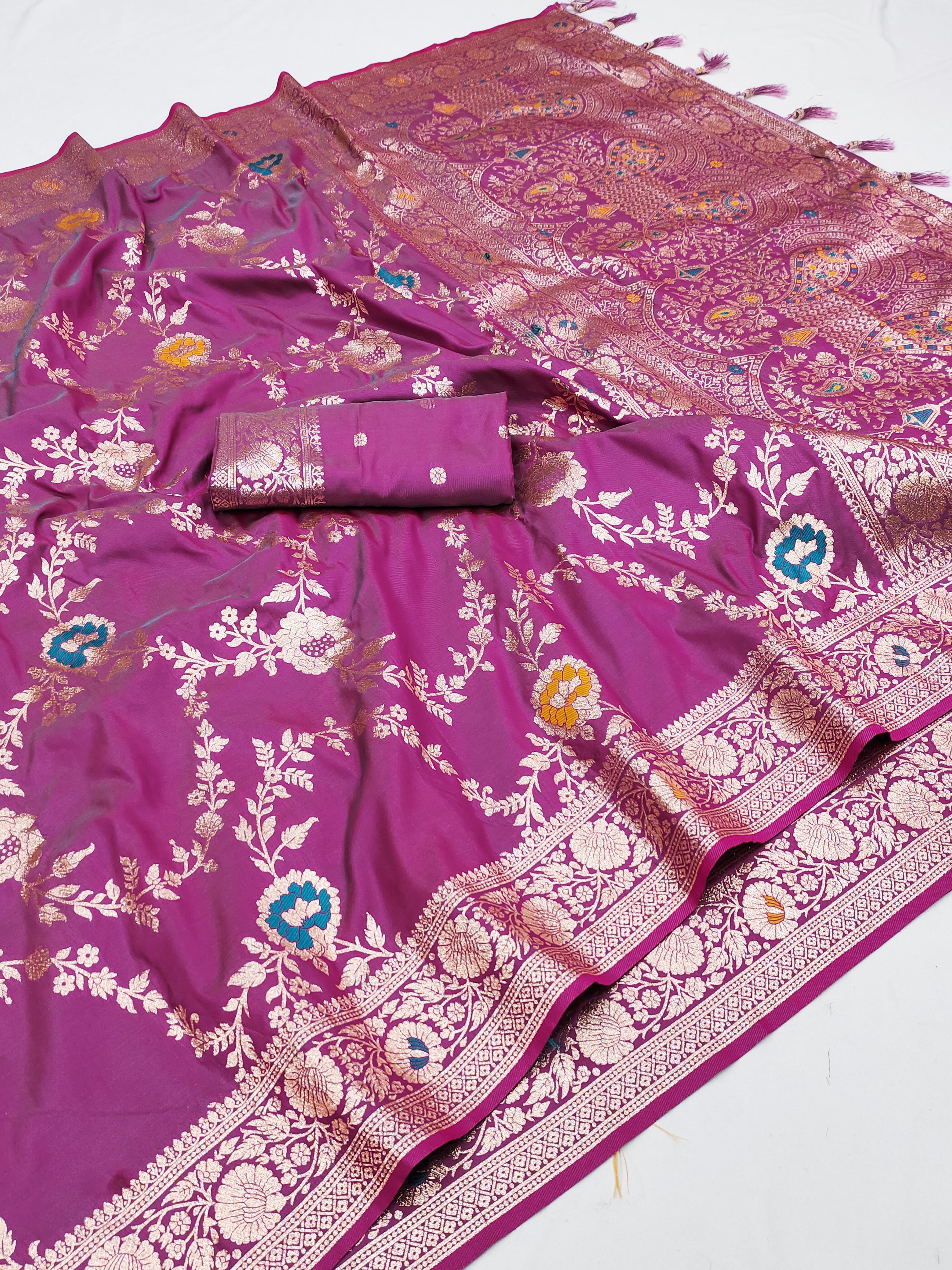 Soft Banarasi silk saree with zari weaving Meenakari touchup design all over the saree &amp; Meenakari weawing Rich pallu