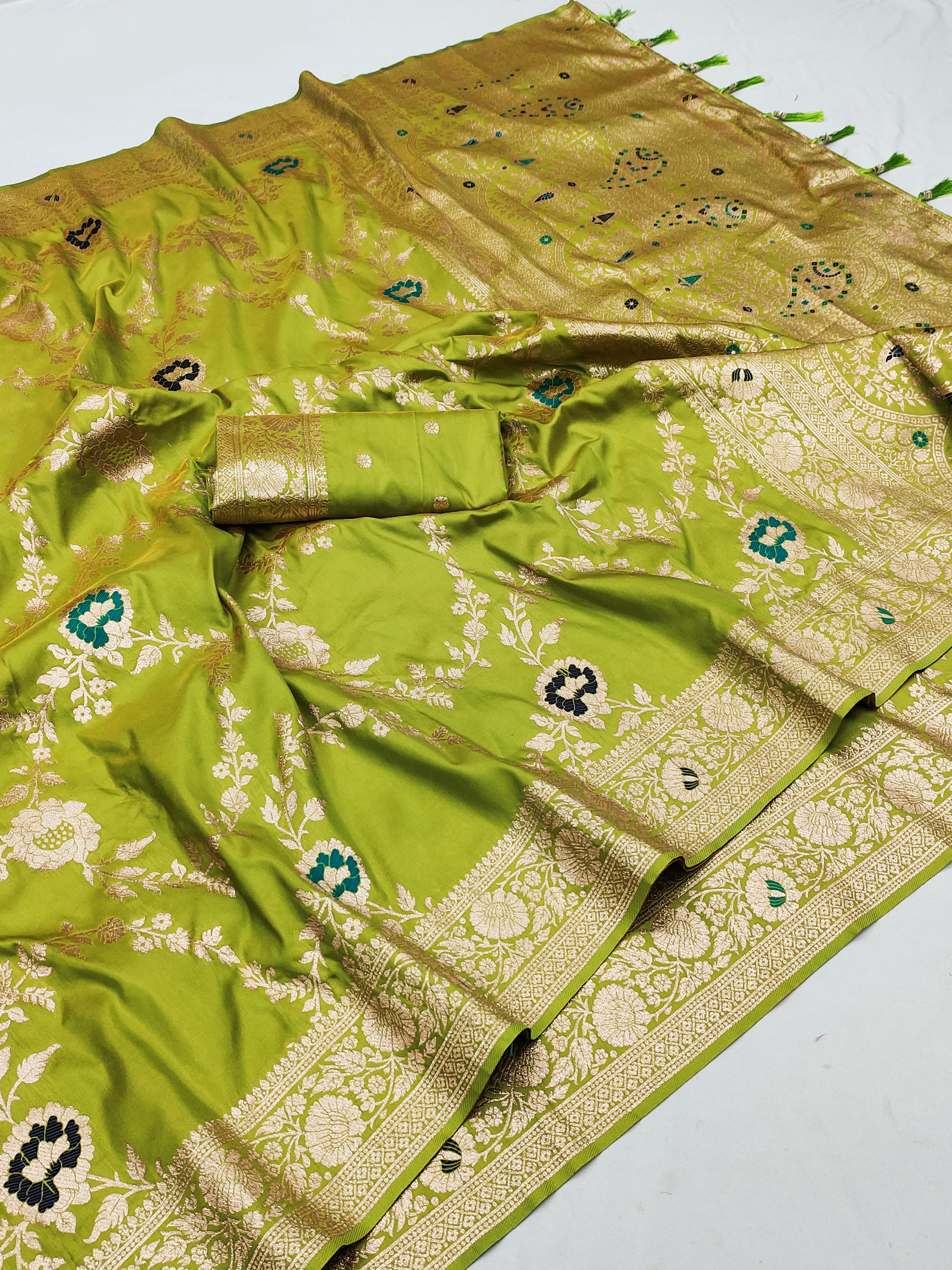 Soft Banarasi silk saree with zari weaving Meenakari touchup design all over the saree &amp; Meenakari weawing Rich pallu