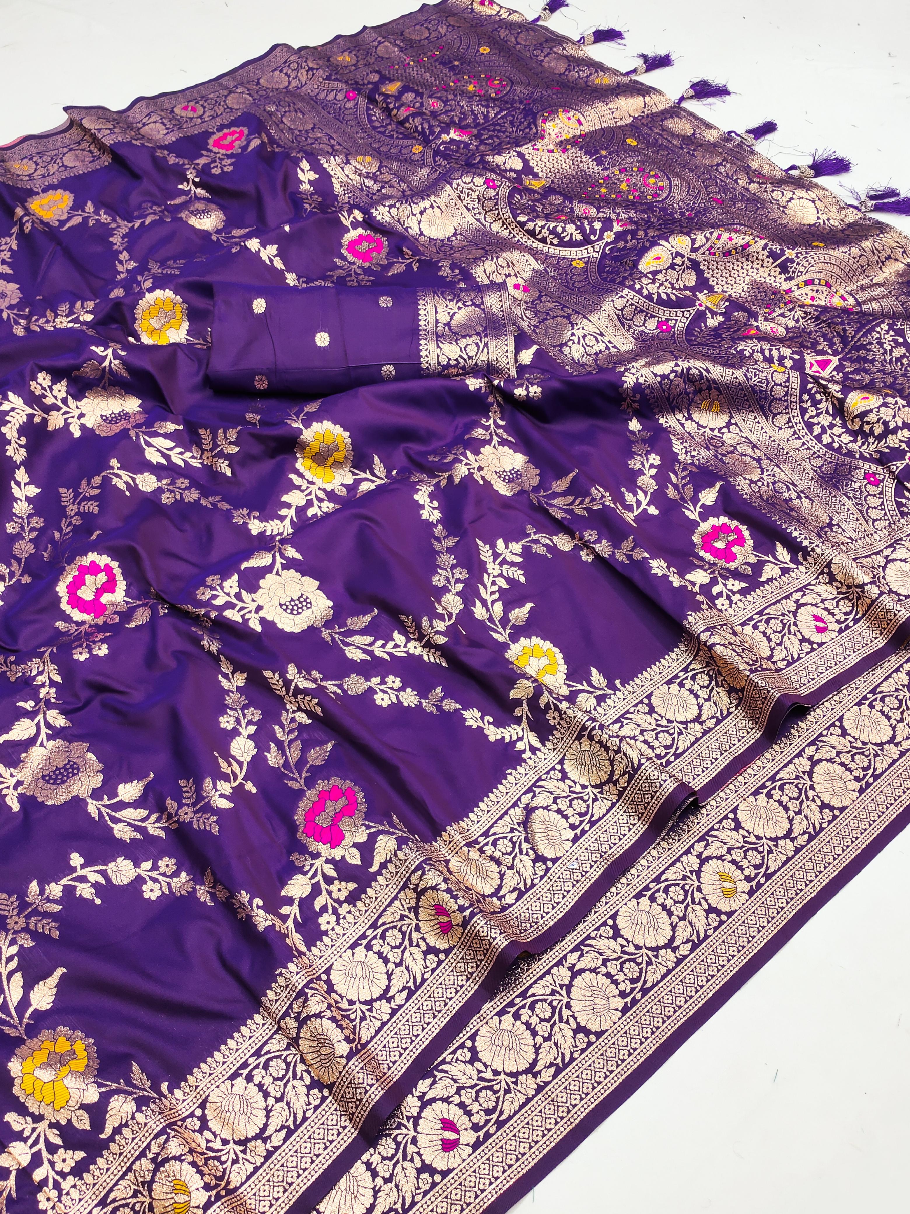 Soft Banarasi silk saree with zari weaving Meenakari touchup design all over the saree &amp; Meenakari weawing Rich pallu