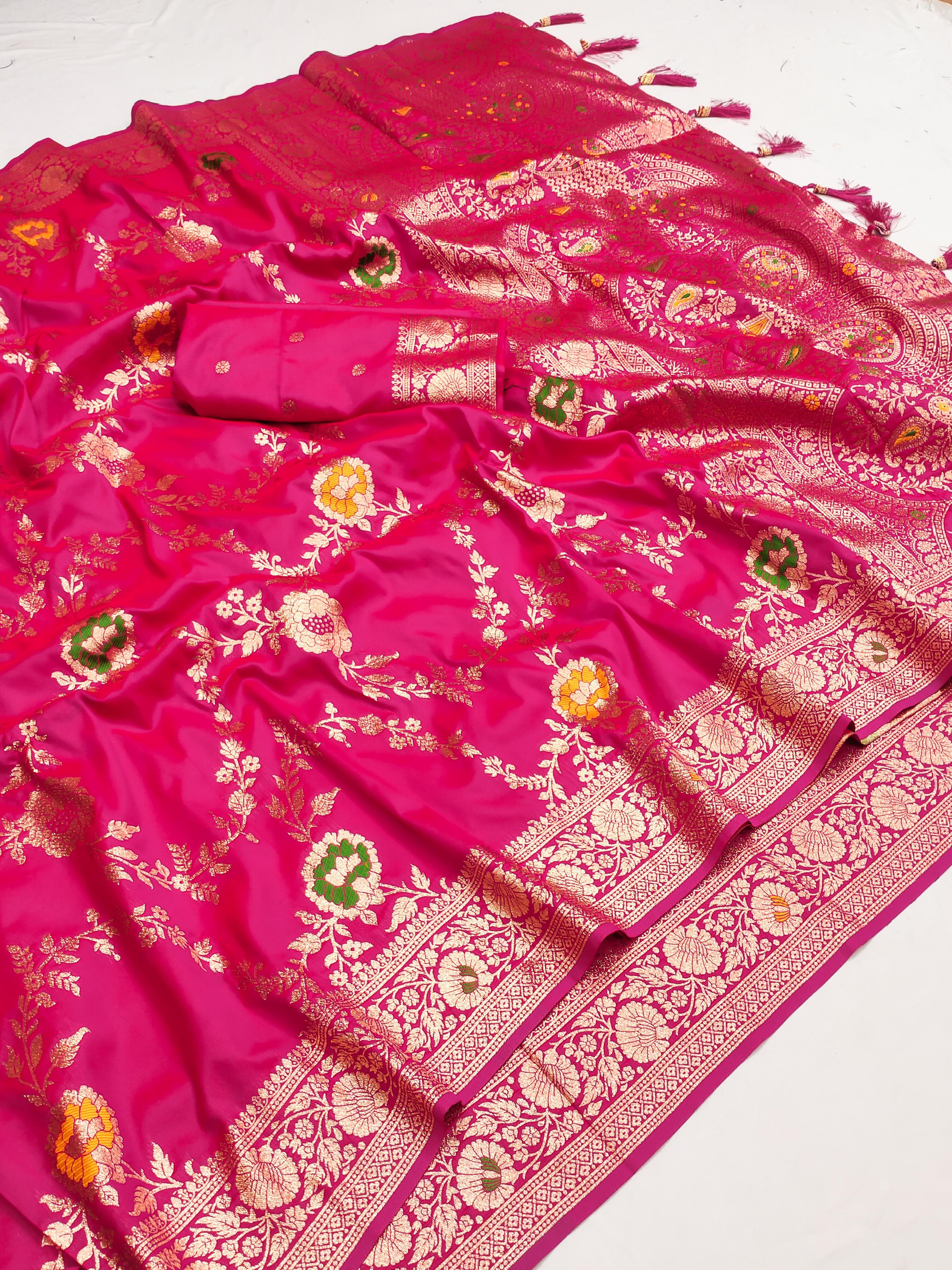 Soft Banarasi silk saree with zari weaving Meenakari touchup design all over the saree &amp; Meenakari weawing Rich pallu