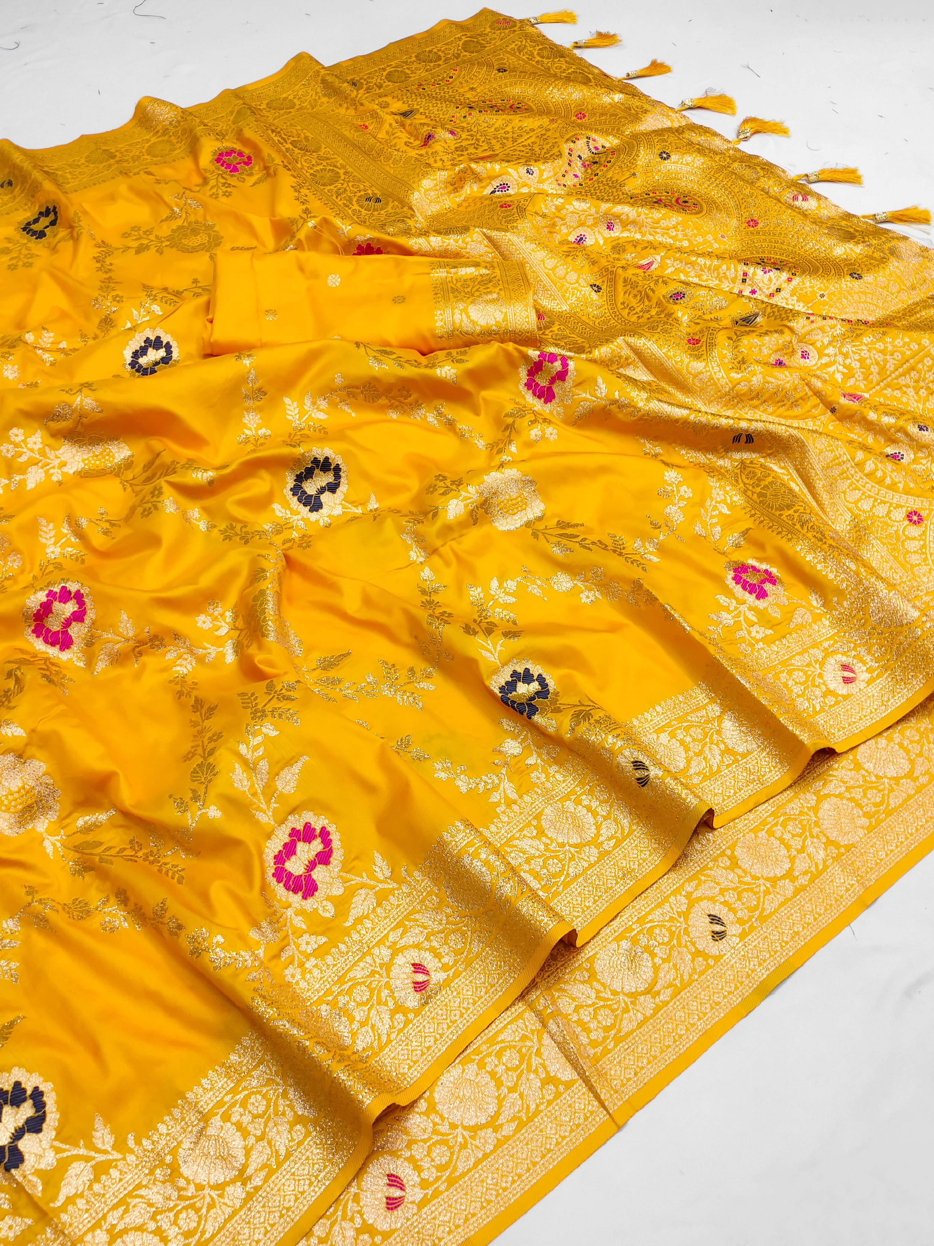 Soft Banarasi silk saree with zari weaving Meenakari touchup design all over the saree &amp; Meenakari weawing Rich pallu