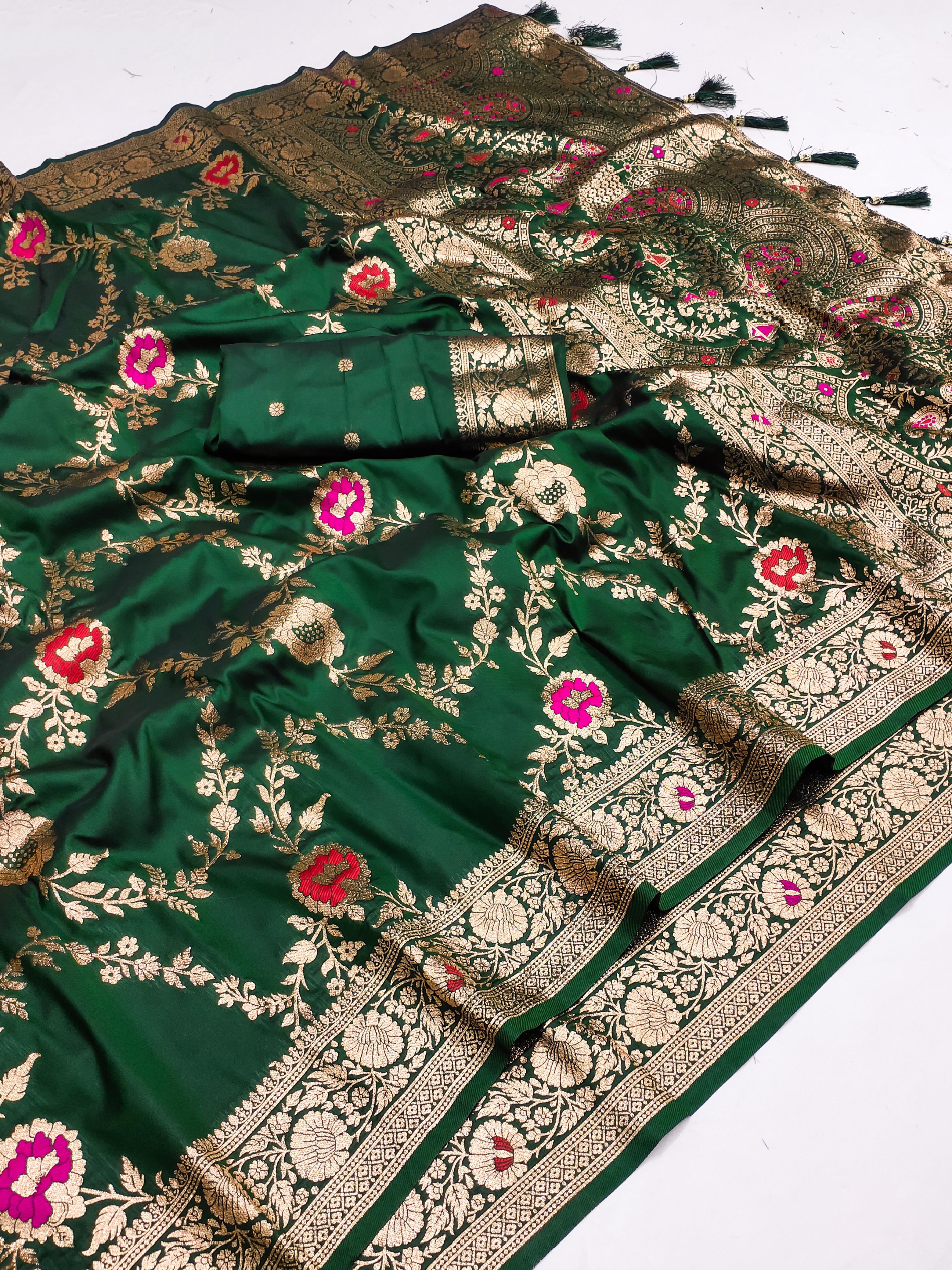 Soft Banarasi silk saree with zari weaving Meenakari touchup design all over the saree &amp; Meenakari weawing Rich pallu