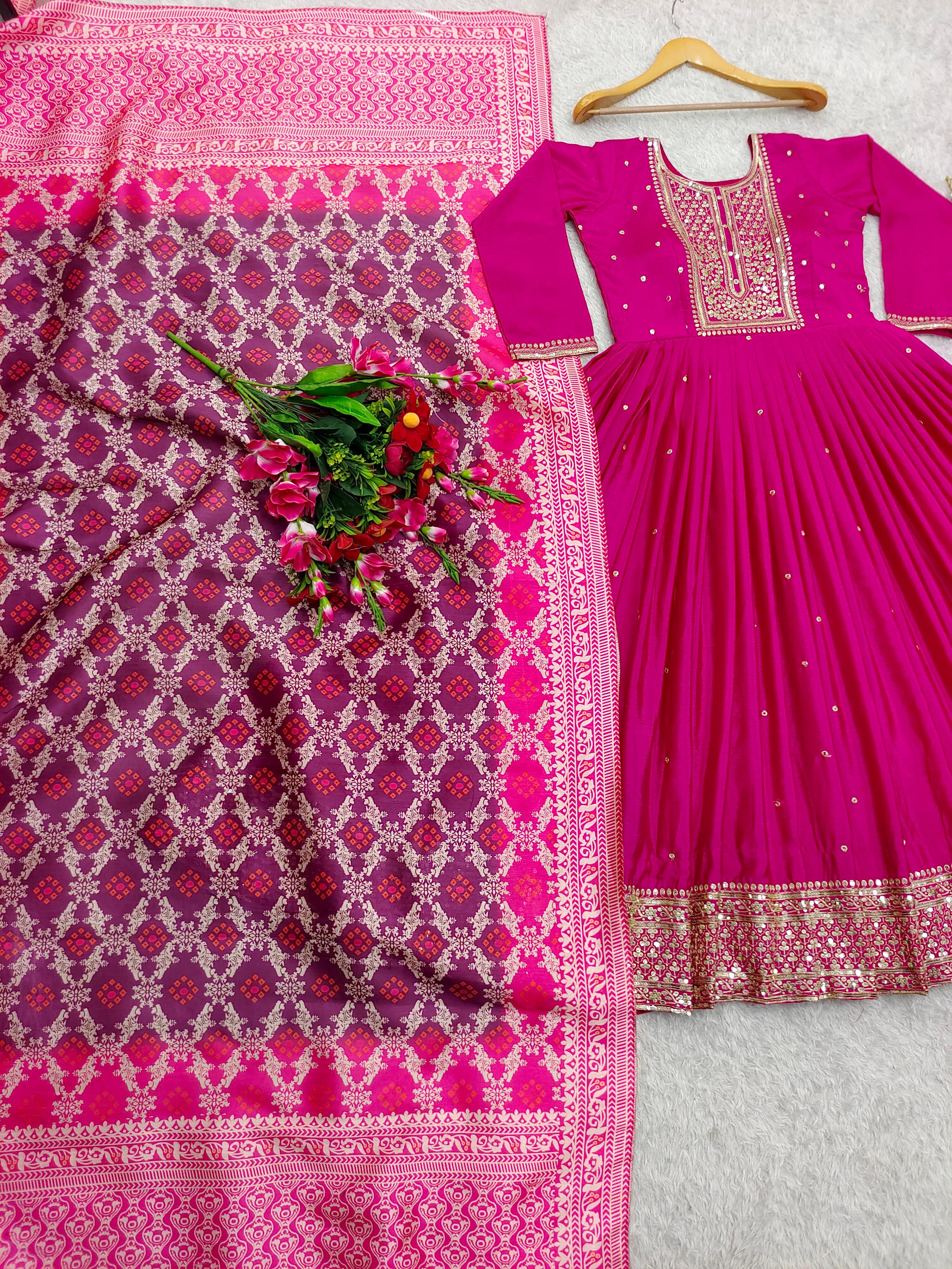 Presenting New Tredition Gown-Pent Dupatta Set Fully Stitched Ready To Wear&nbsp;