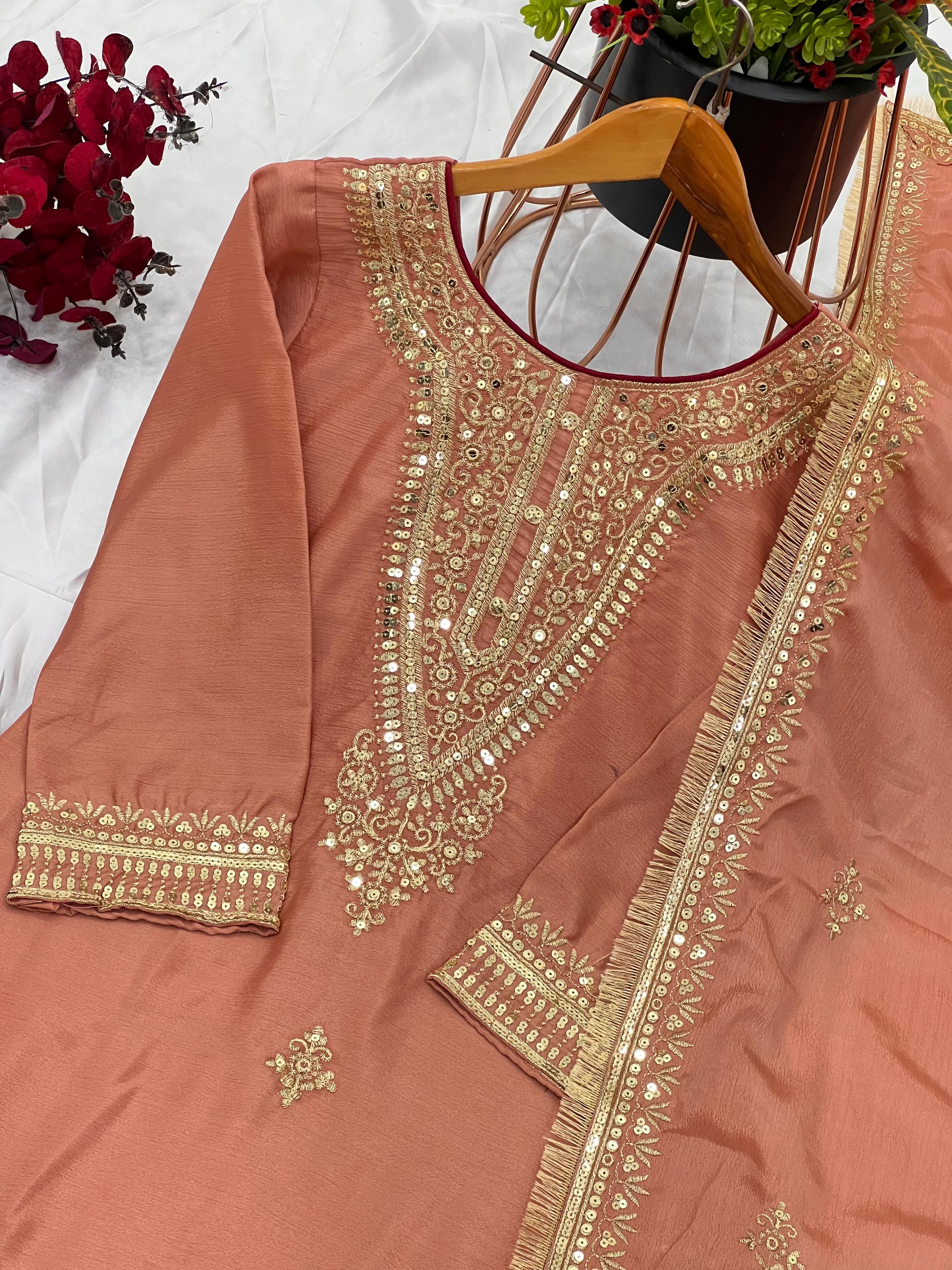 New Designer Collection In Pure Chinnon With Heavy Embroidery Sequence Work Top-Bottom And Dupatta Set Fully Stitched Ready To Wear&nbsp;