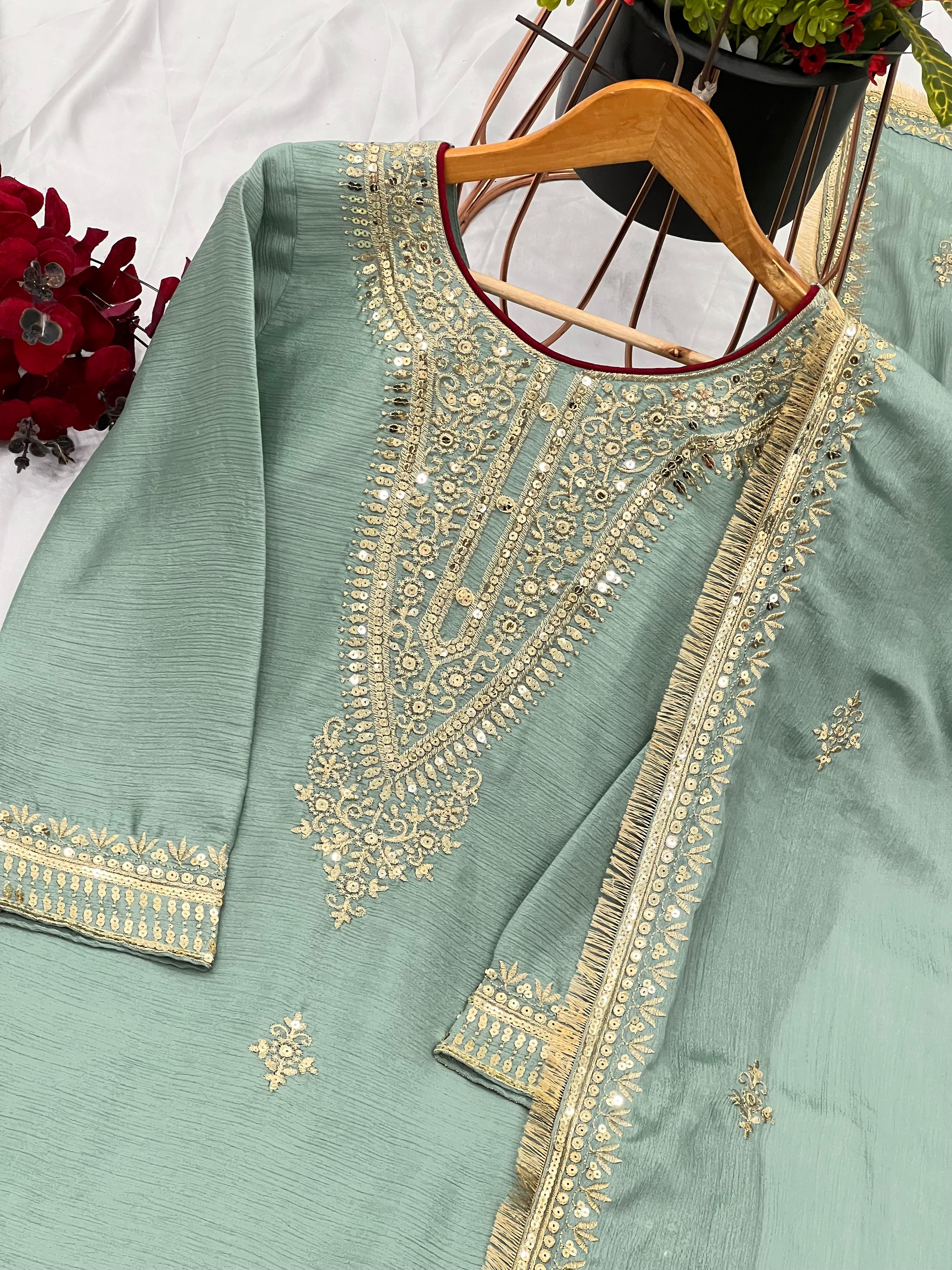 New Designer Collection In Pure Chinnon With Heavy Embroidery Sequence Work Top-Bottom And Dupatta Set Fully Stitched Ready To Wear&nbsp;