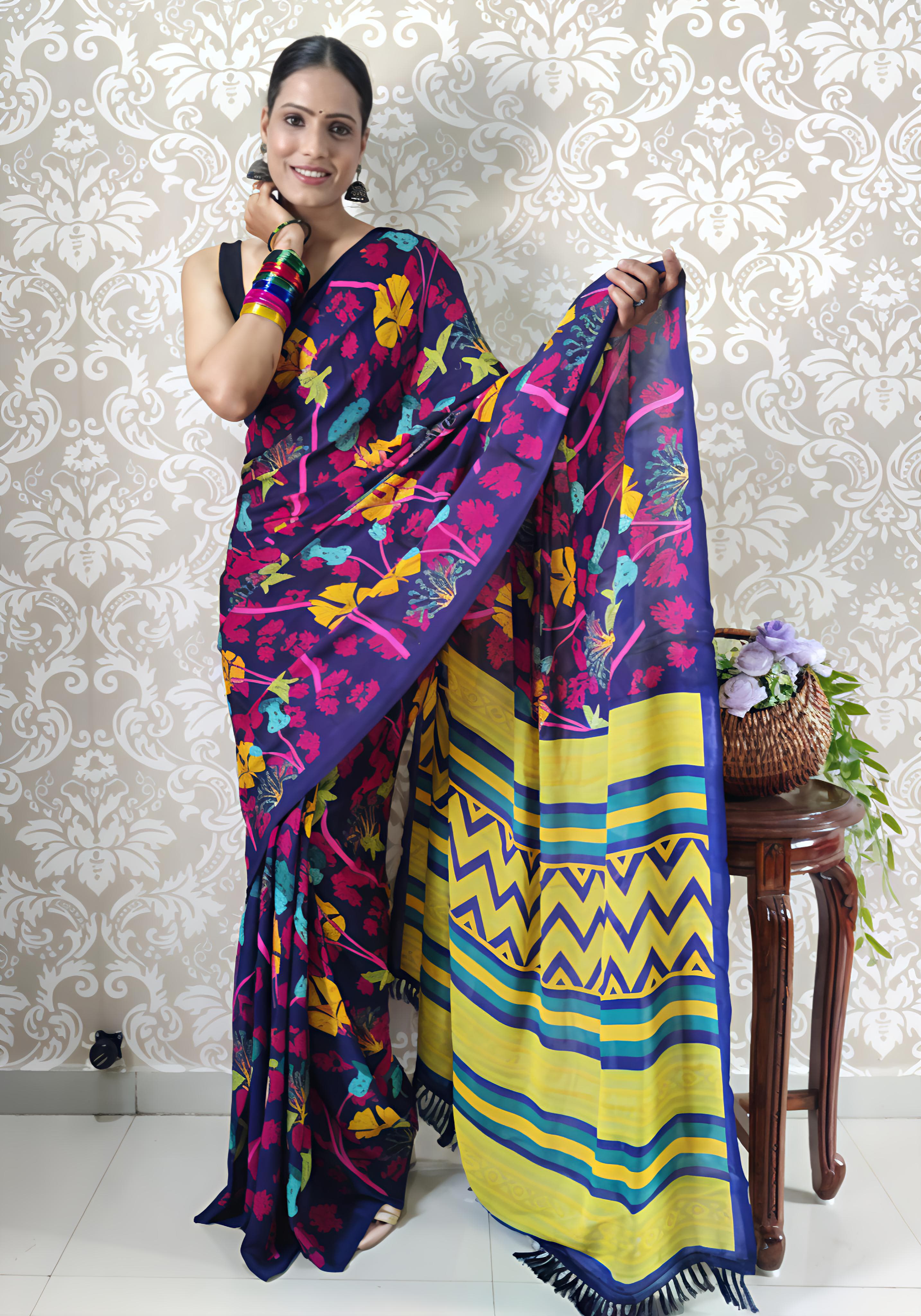 Heavy blooming mul georgette saree with abstract print on allover saree with PERFECTLY MATCHED blouse piece and pallu..&nbsp;