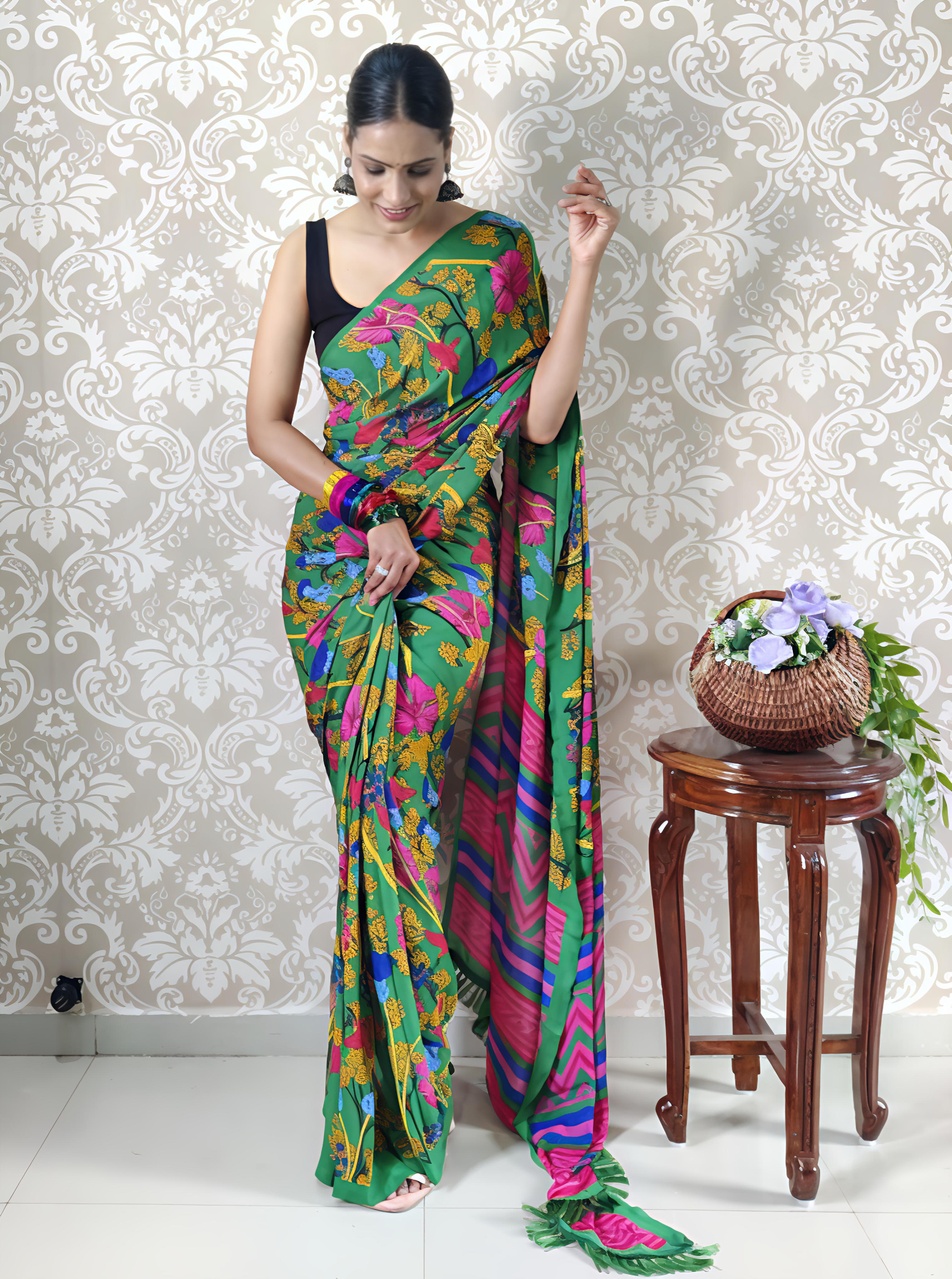 Heavy blooming mul georgette saree with abstract print on allover saree with PERFECTLY MATCHED blouse piece and pallu..&nbsp;