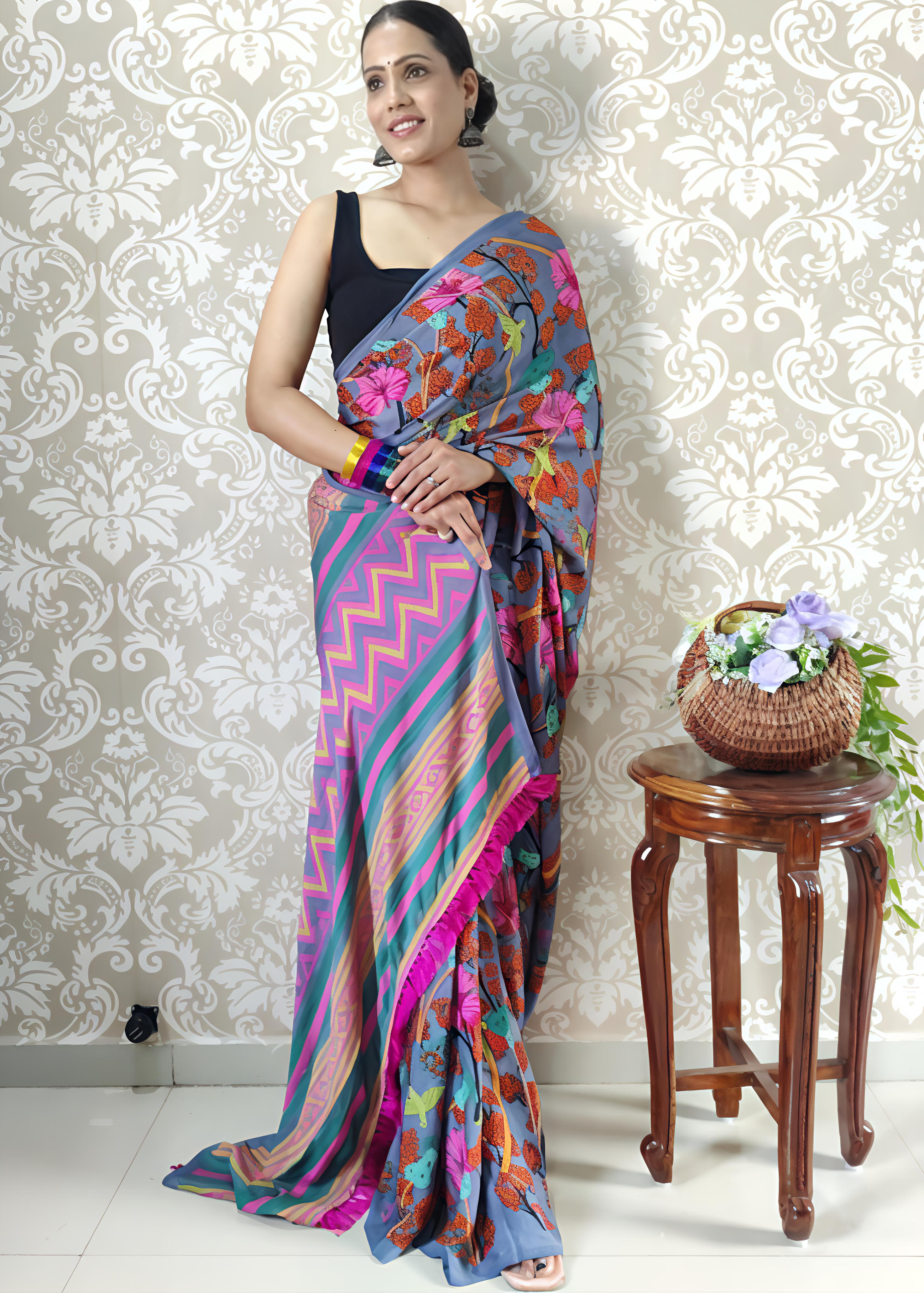 Heavy blooming mul georgette saree with abstract print on allover saree with PERFECTLY MATCHED blouse piece and pallu..&nbsp;