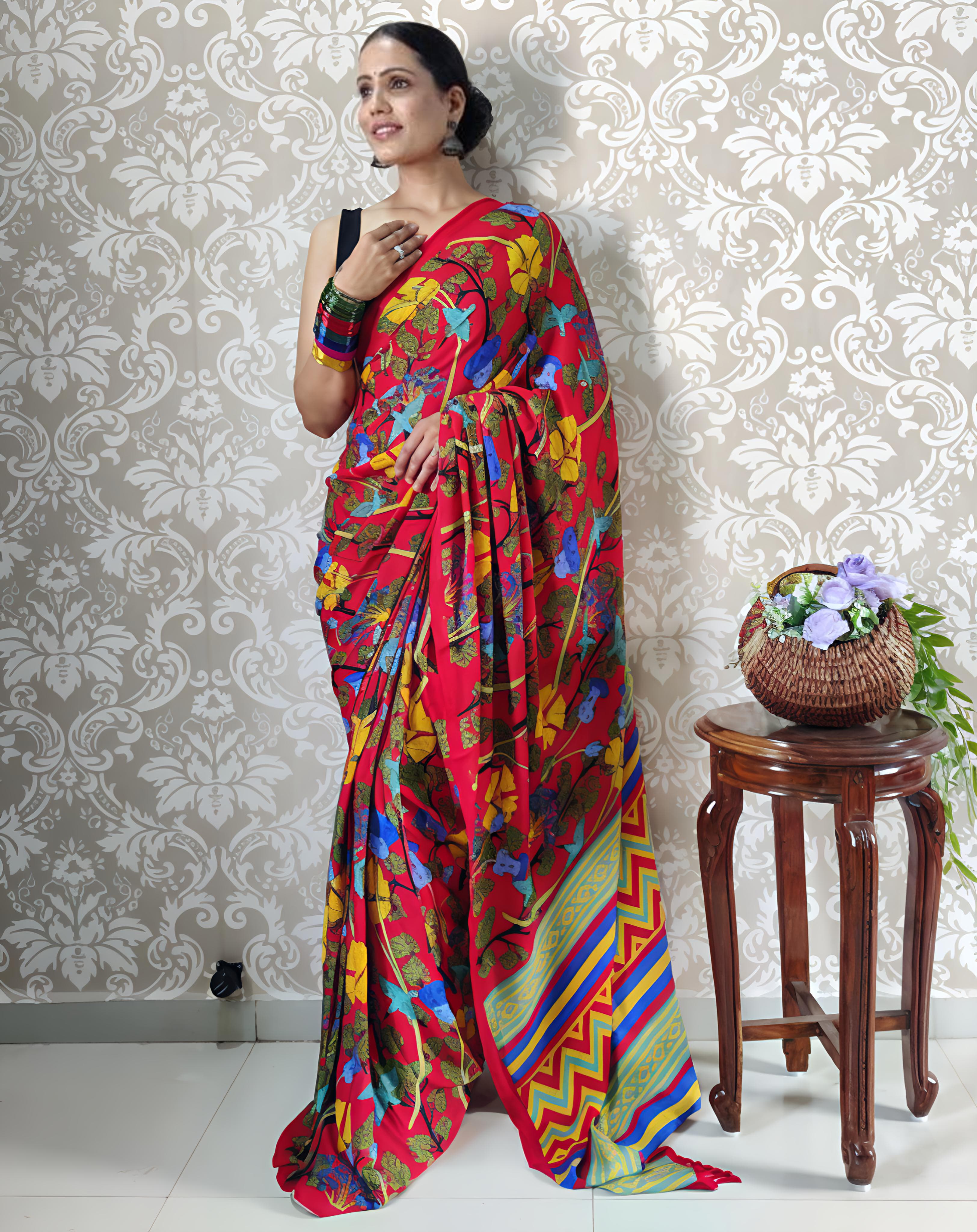 Heavy blooming mul georgette saree with abstract print on allover saree with PERFECTLY MATCHED blouse piece and pallu..&nbsp;