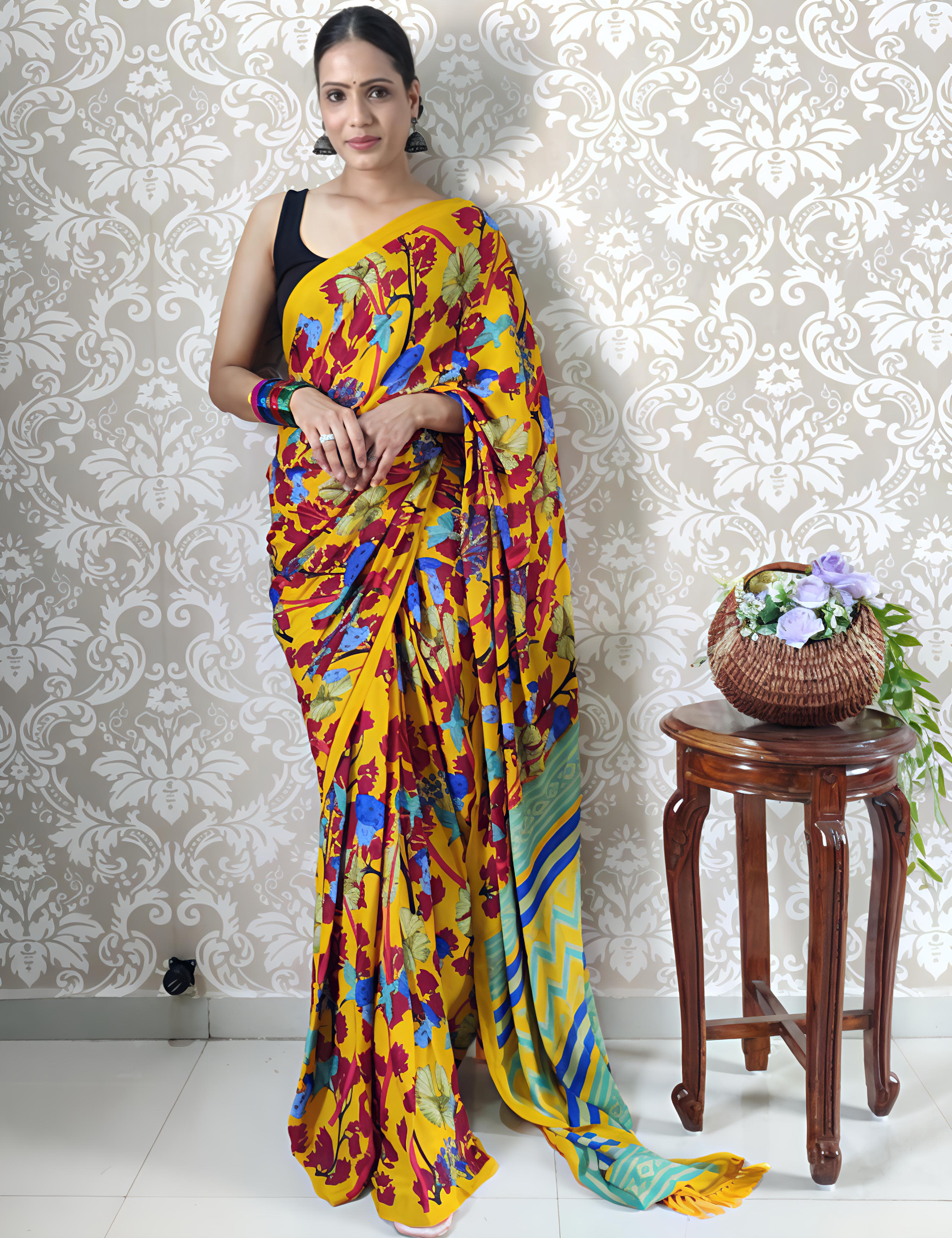 Heavy blooming mul georgette saree with abstract print on allover saree with PERFECTLY MATCHED blouse piece and pallu..&nbsp;