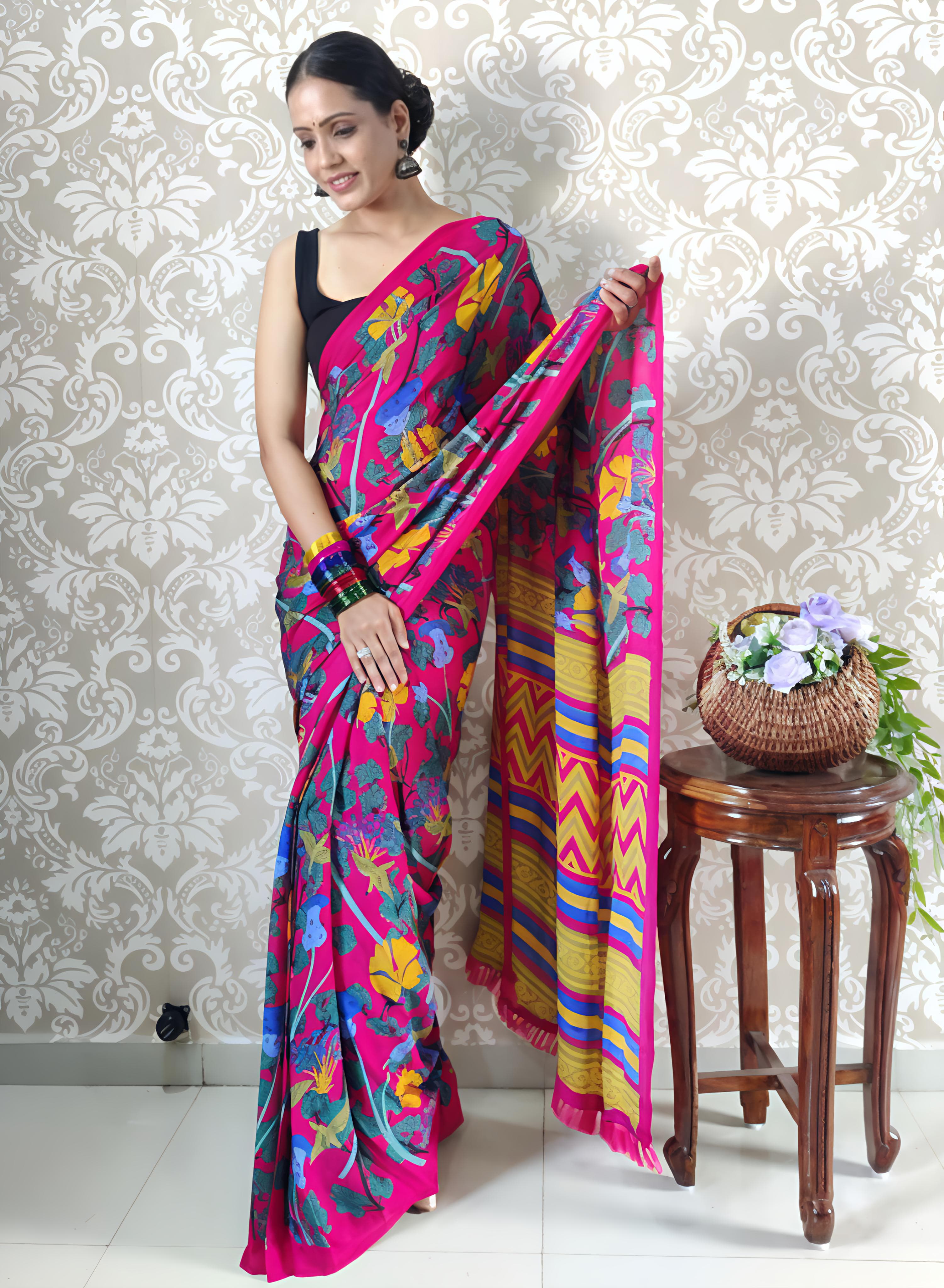 Heavy blooming mul georgette saree with abstract print on allover saree with PERFECTLY MATCHED blouse piece and pallu..&nbsp;