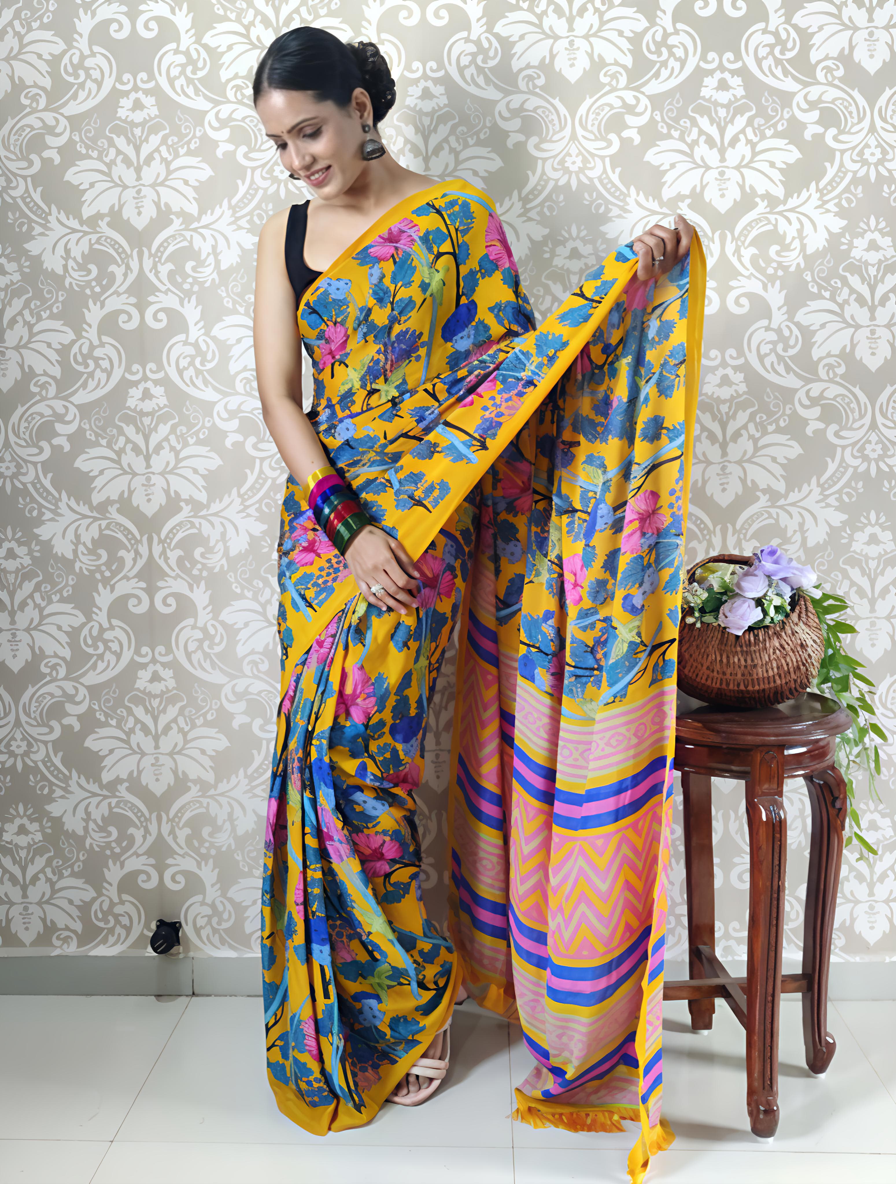 Heavy blooming mul georgette saree with abstract print on allover saree with PERFECTLY MATCHED blouse piece and pallu..&nbsp;