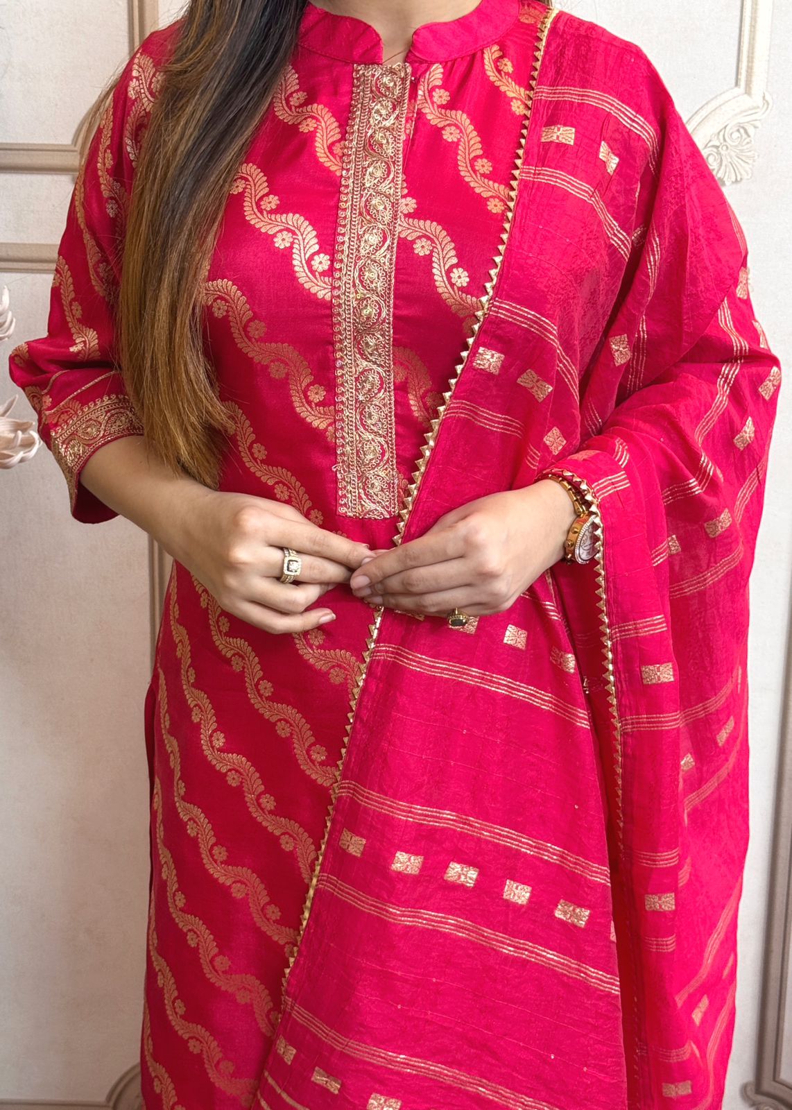 Pure Silk Kurti With Banarasi Dupatta And Pant.