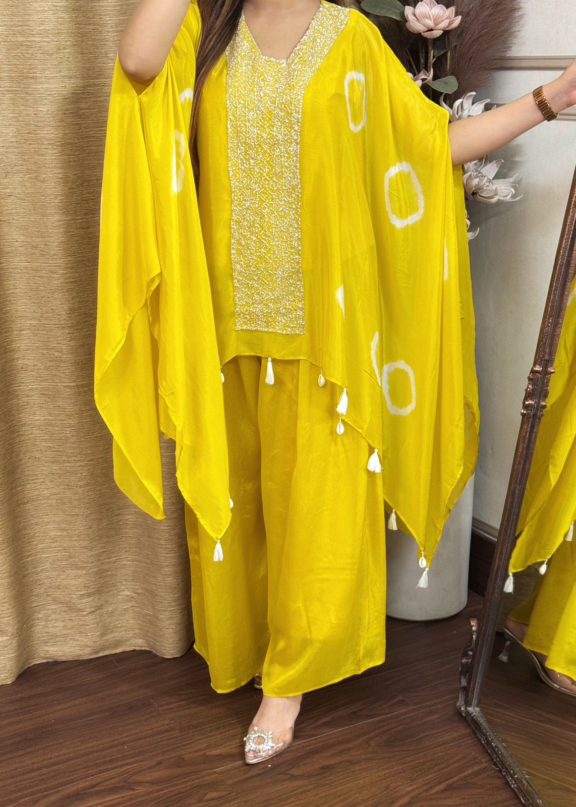 Pure Crape Silk Shibori Dye Heavy Hand Work Indowestern Designer Kaftan Pattern Top With Parallel Pant.