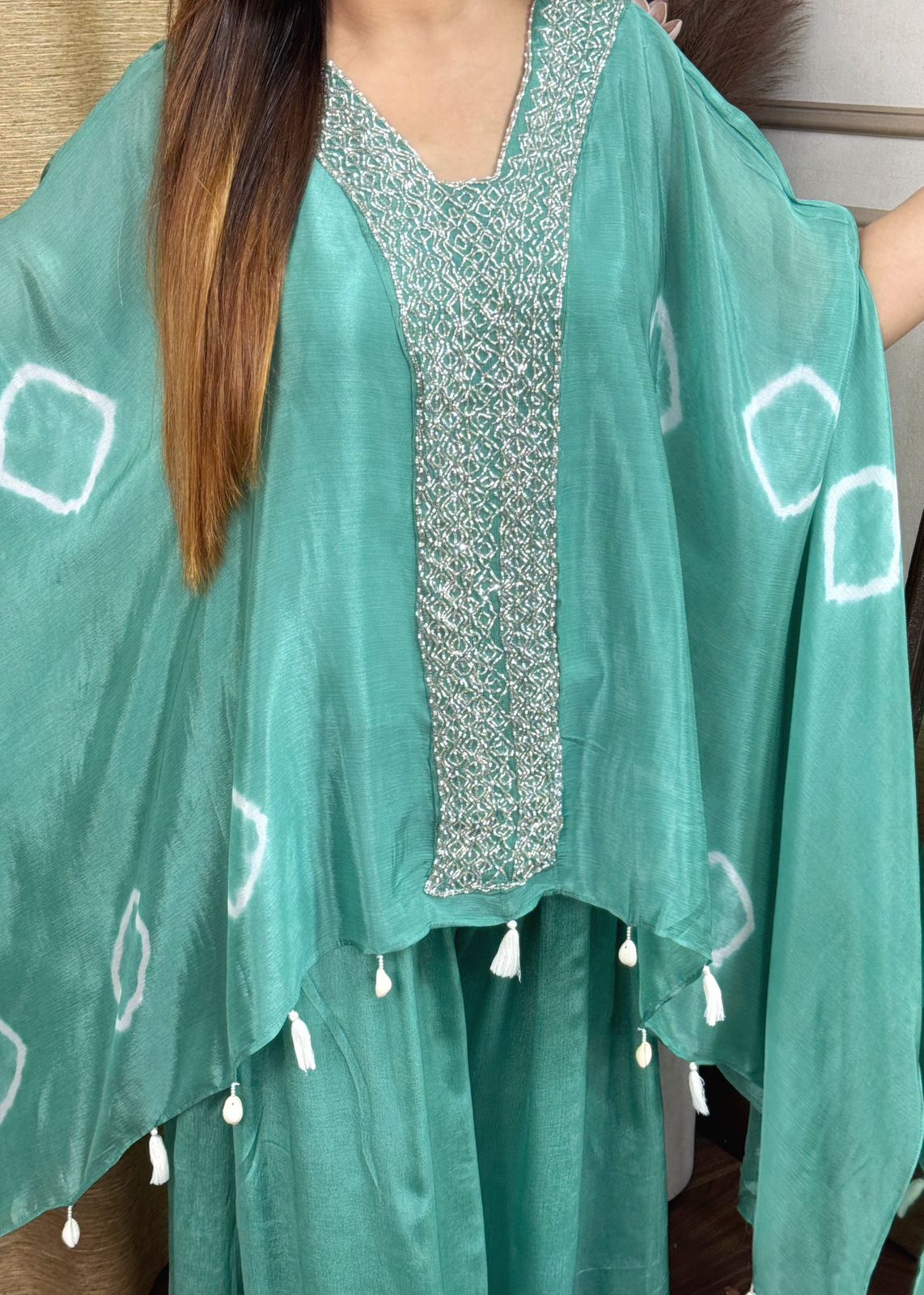 Pure Crape Silk Shibori Dye Heavy Hand Work Indowestern Designer Kaftan Pattern Top With Parallel Pant.